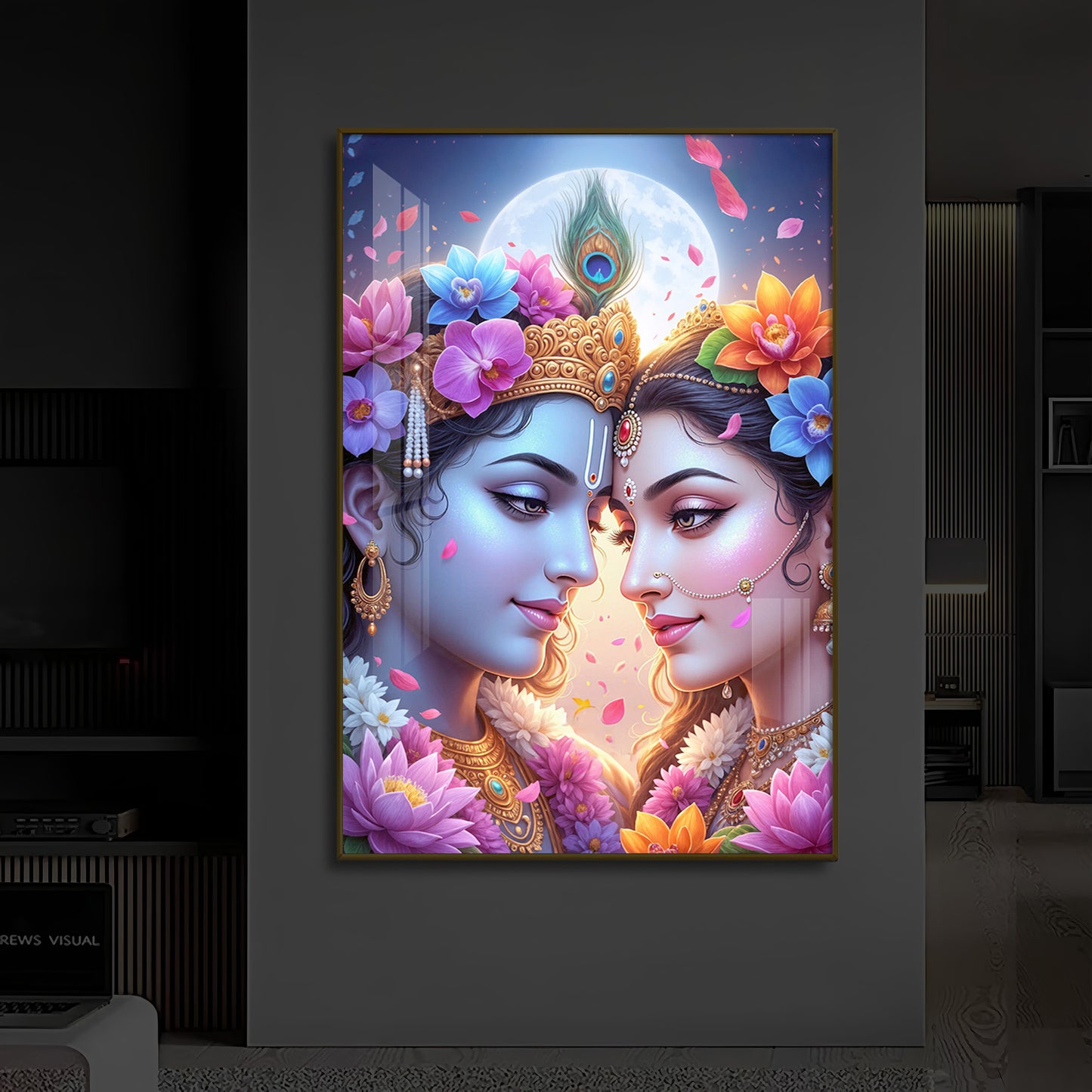 Loving Shri Radha Krishna Modern Luxury Backlight Vertical Wall Art