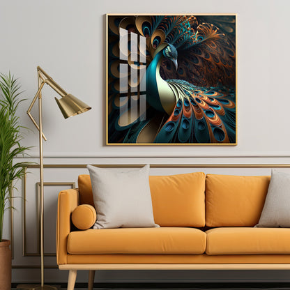 Peacock Is Shown With Large Feather Premium Acrylic Square Wall Art