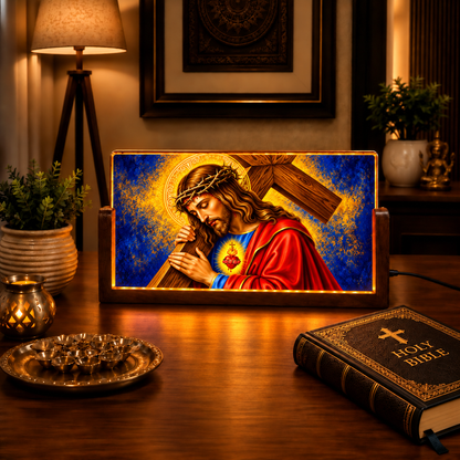 Jesus Carrying Cross Acrylic LED Table Lamp - Wooden Stand