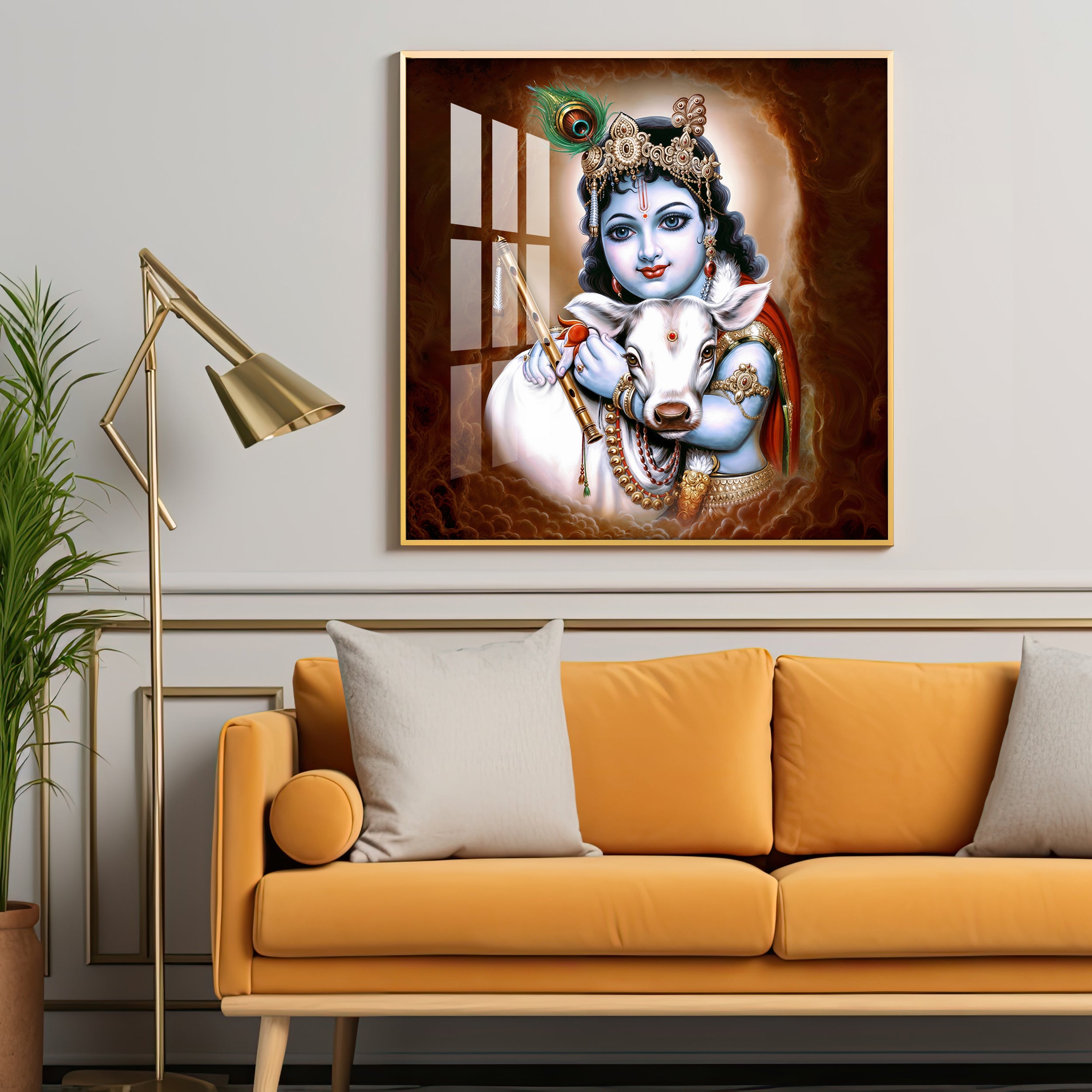 Krishna With Bansuri & Cow Premium Acrylic Horizontal Wall Art