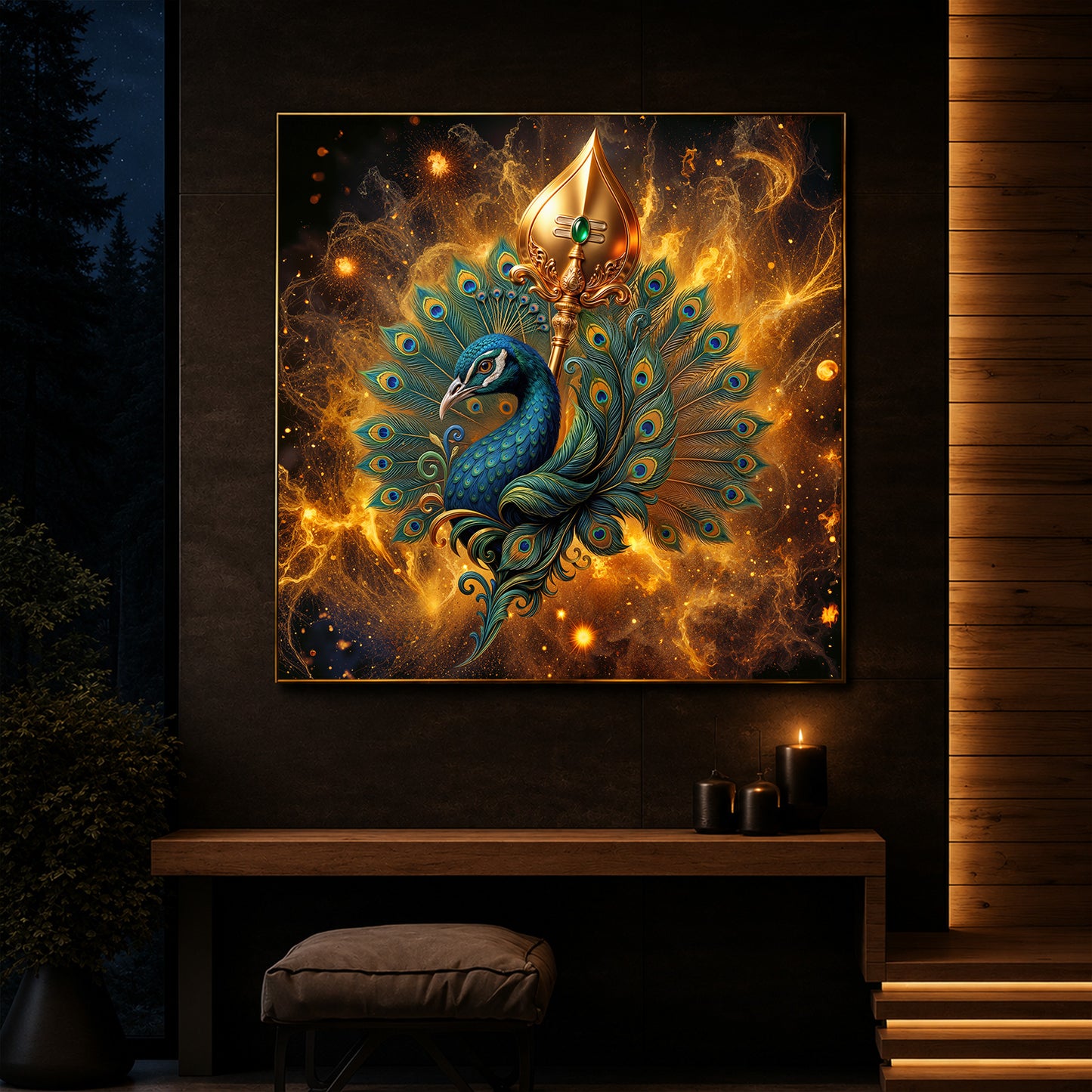 Lord Murugan’s Majestic Peacock Modern Luxury Backlight Square Wall Art