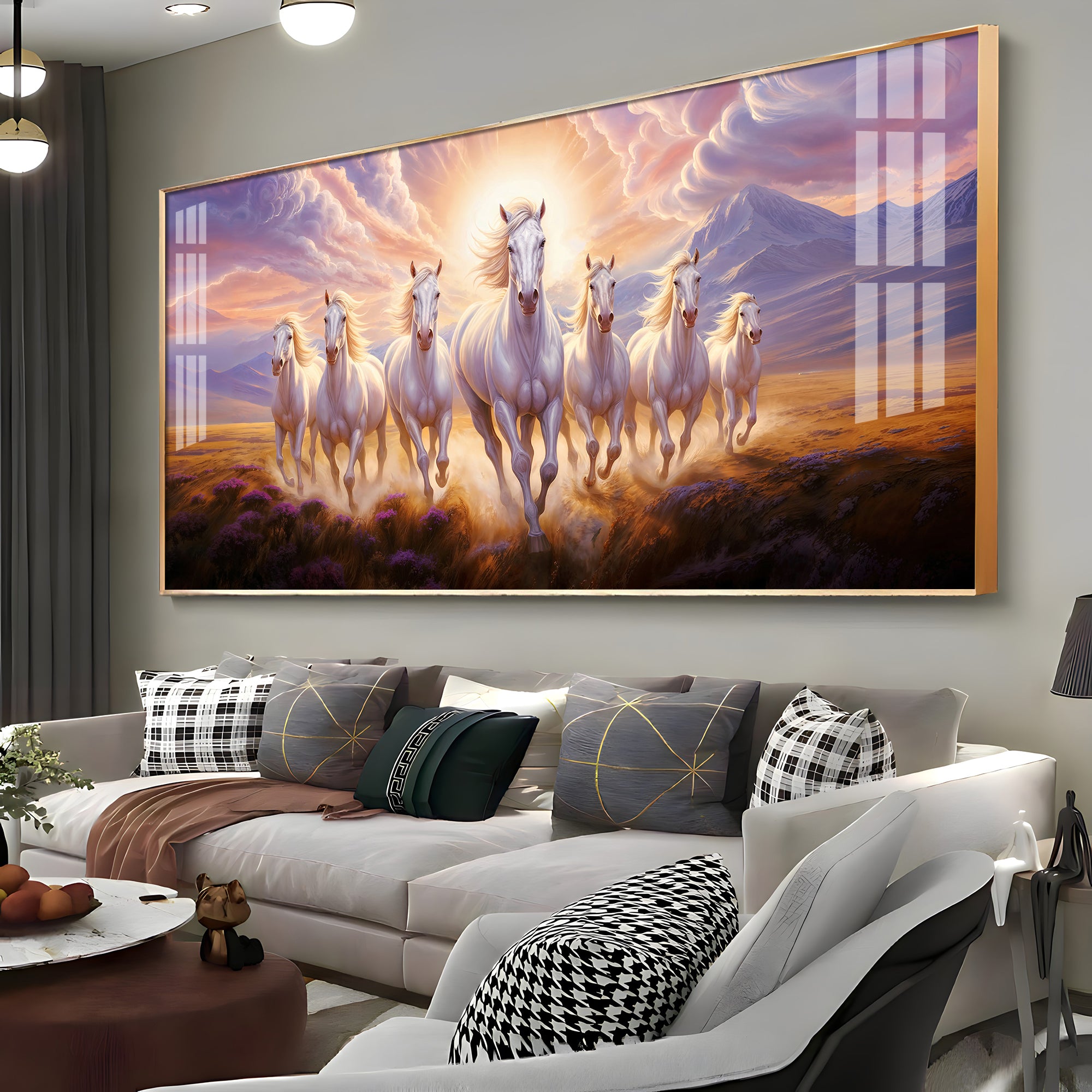 Seven White Running Horses Premium Acrylic Horizontal Wall Art