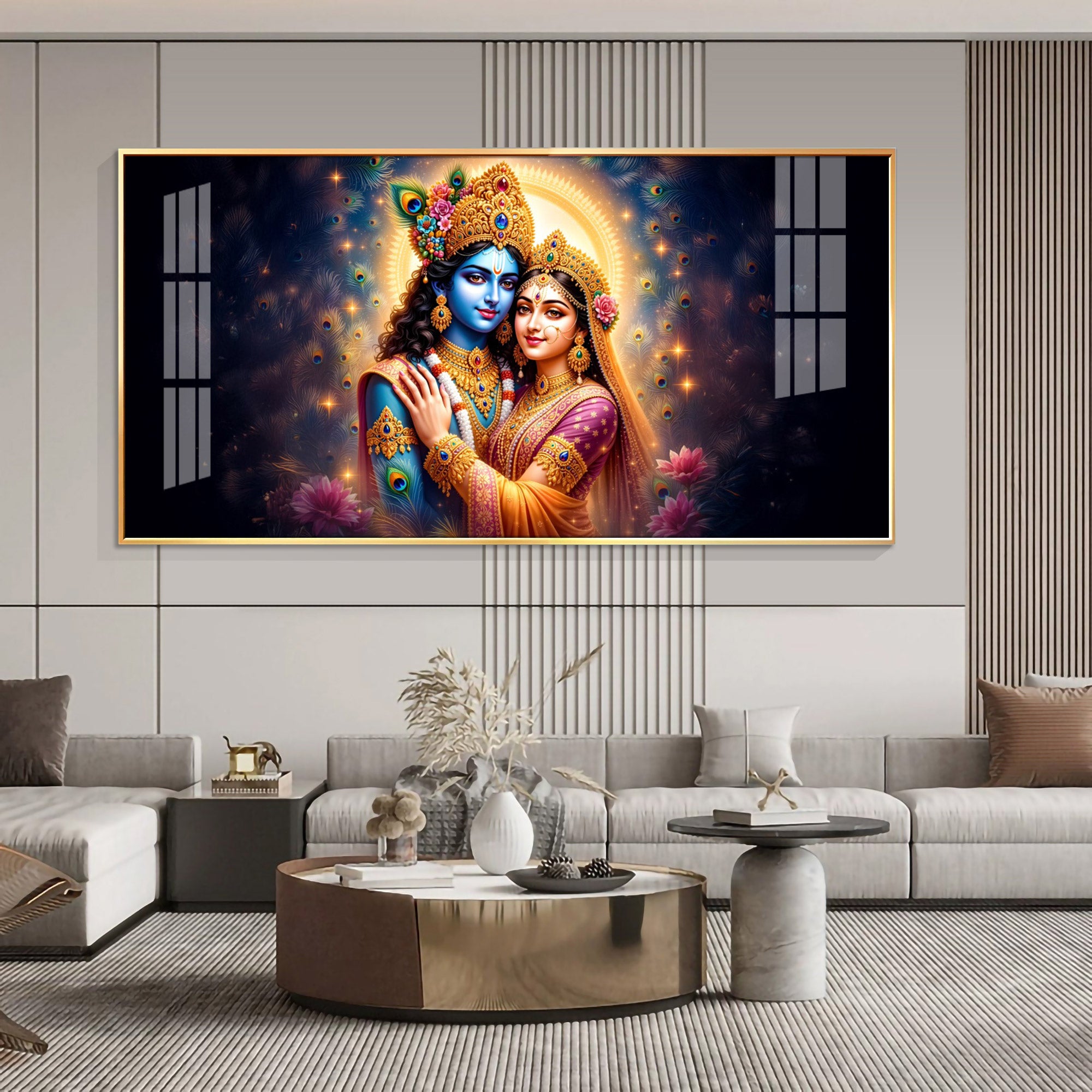Radha Krishna Hugging Portrait Premium Acrylic Horizontal Wall Art