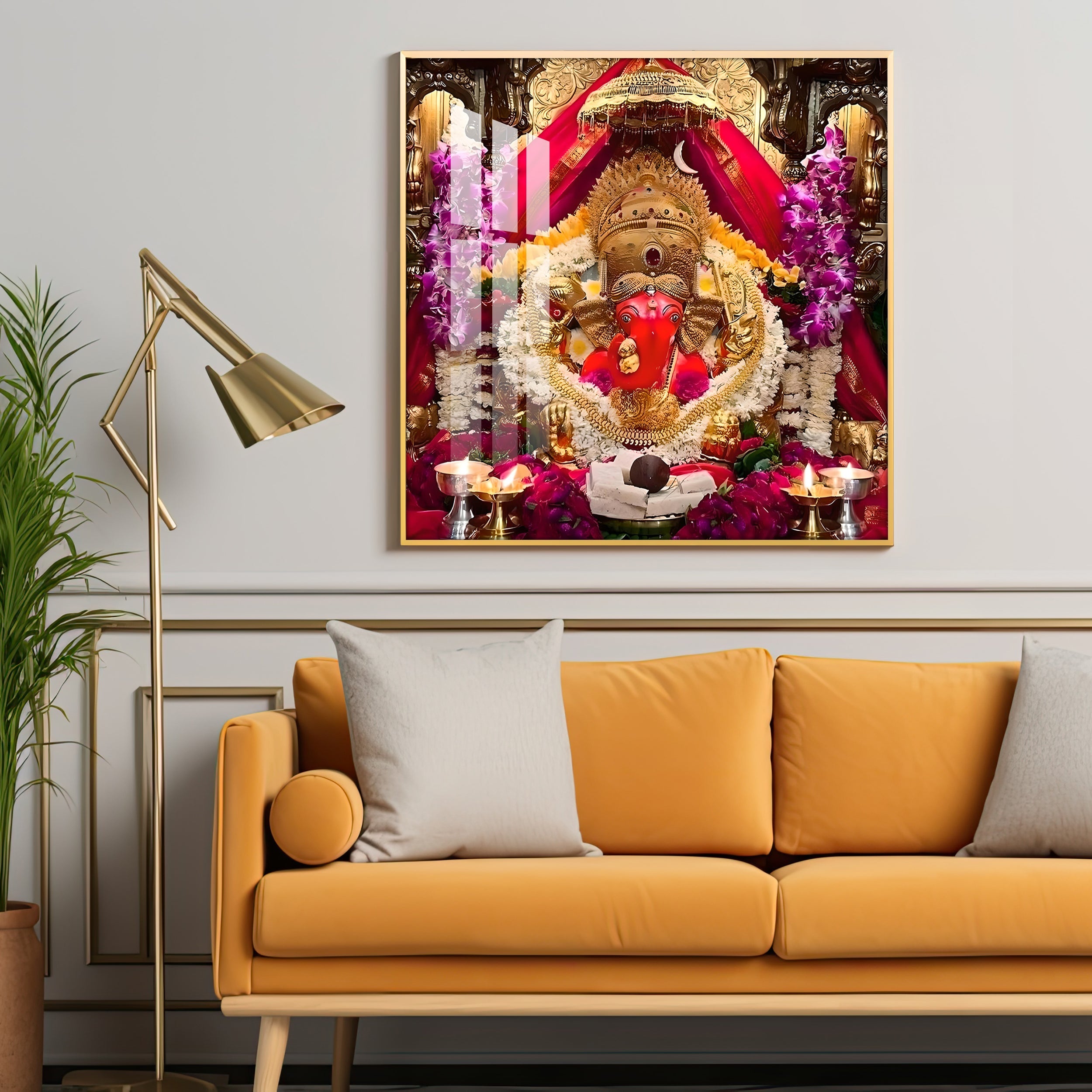 Shree Siddhivinayak Ganapati Premium Acrylic Square Wall Art - 30X30 inches / Gold