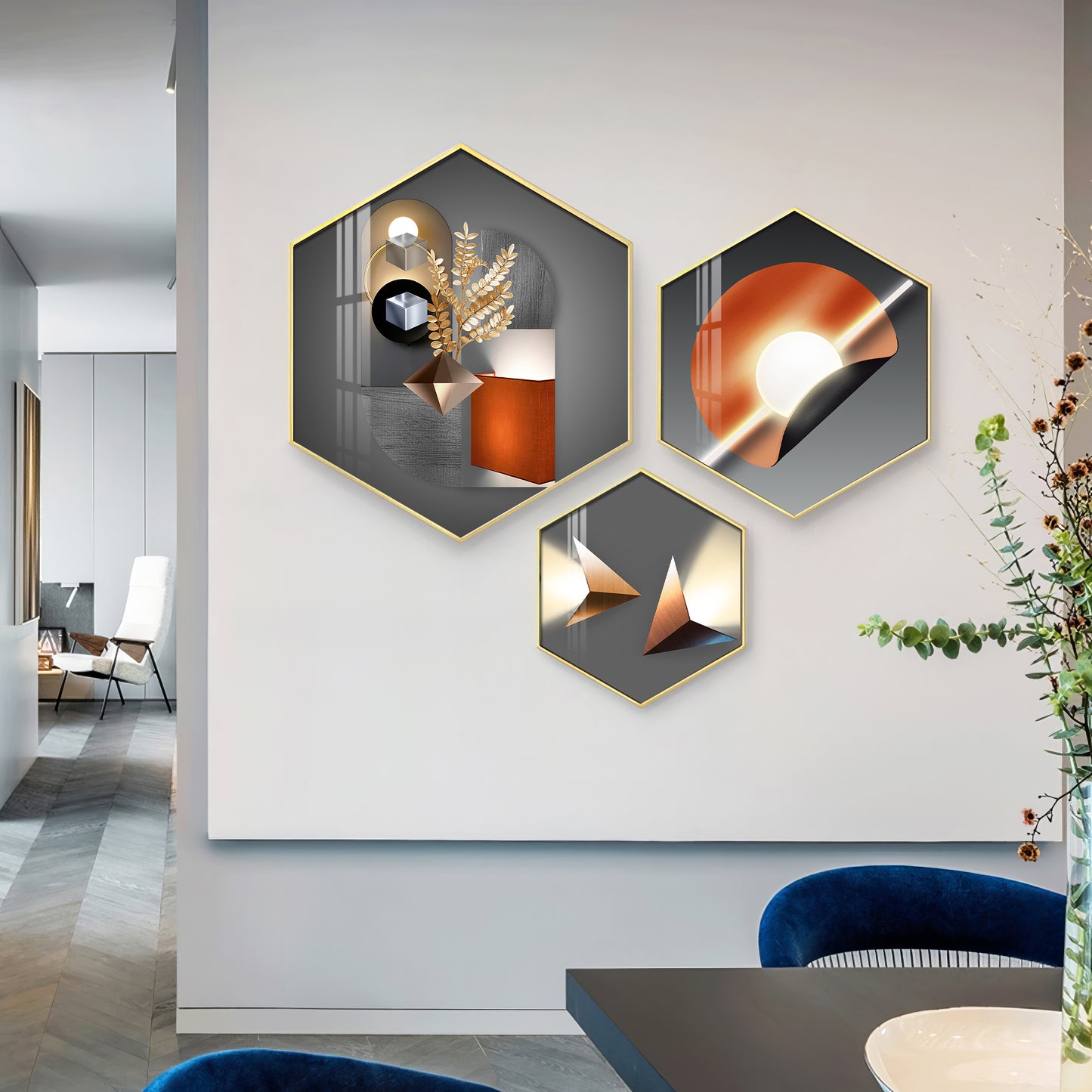 Luminious Abstract Premium Acrylic Hexagon Wall Art (Set of 3)