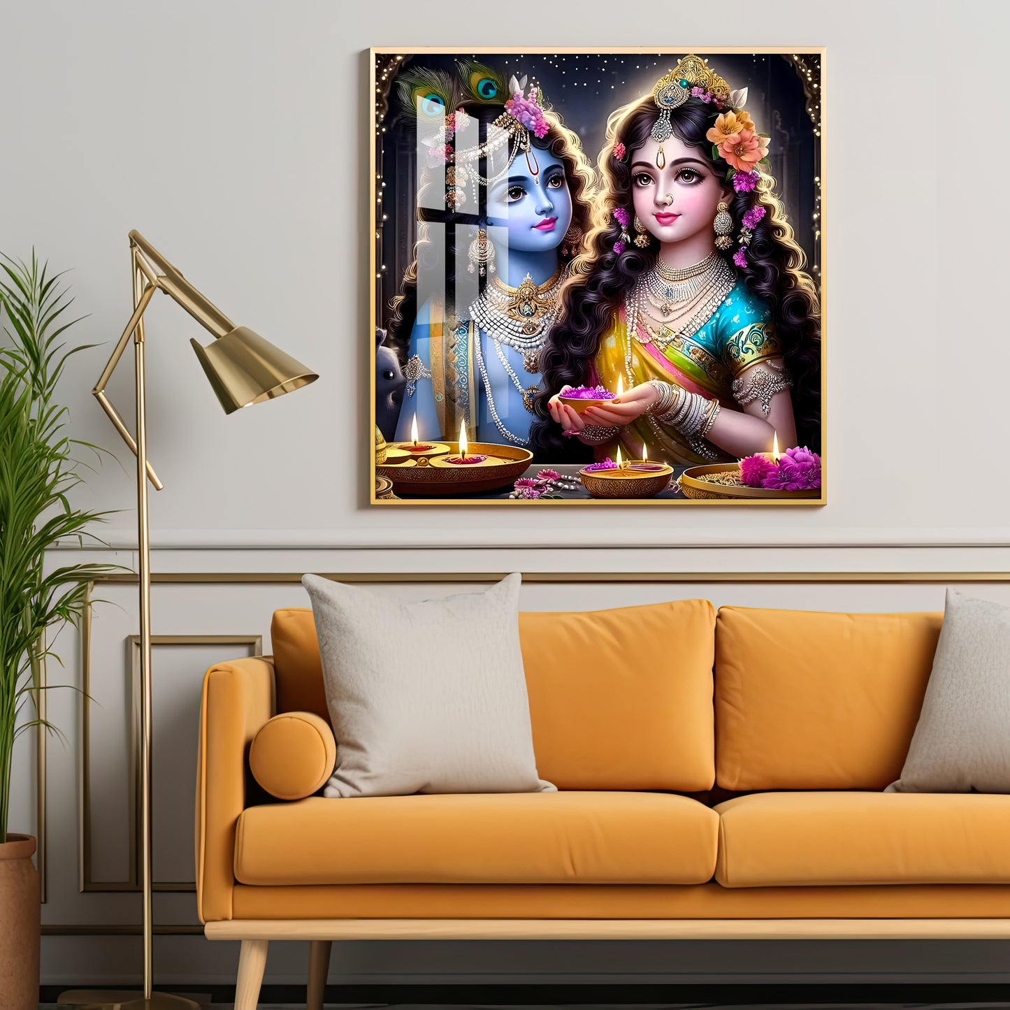 Glowing Krishna Radha Premium Acrylic Square Wall Art