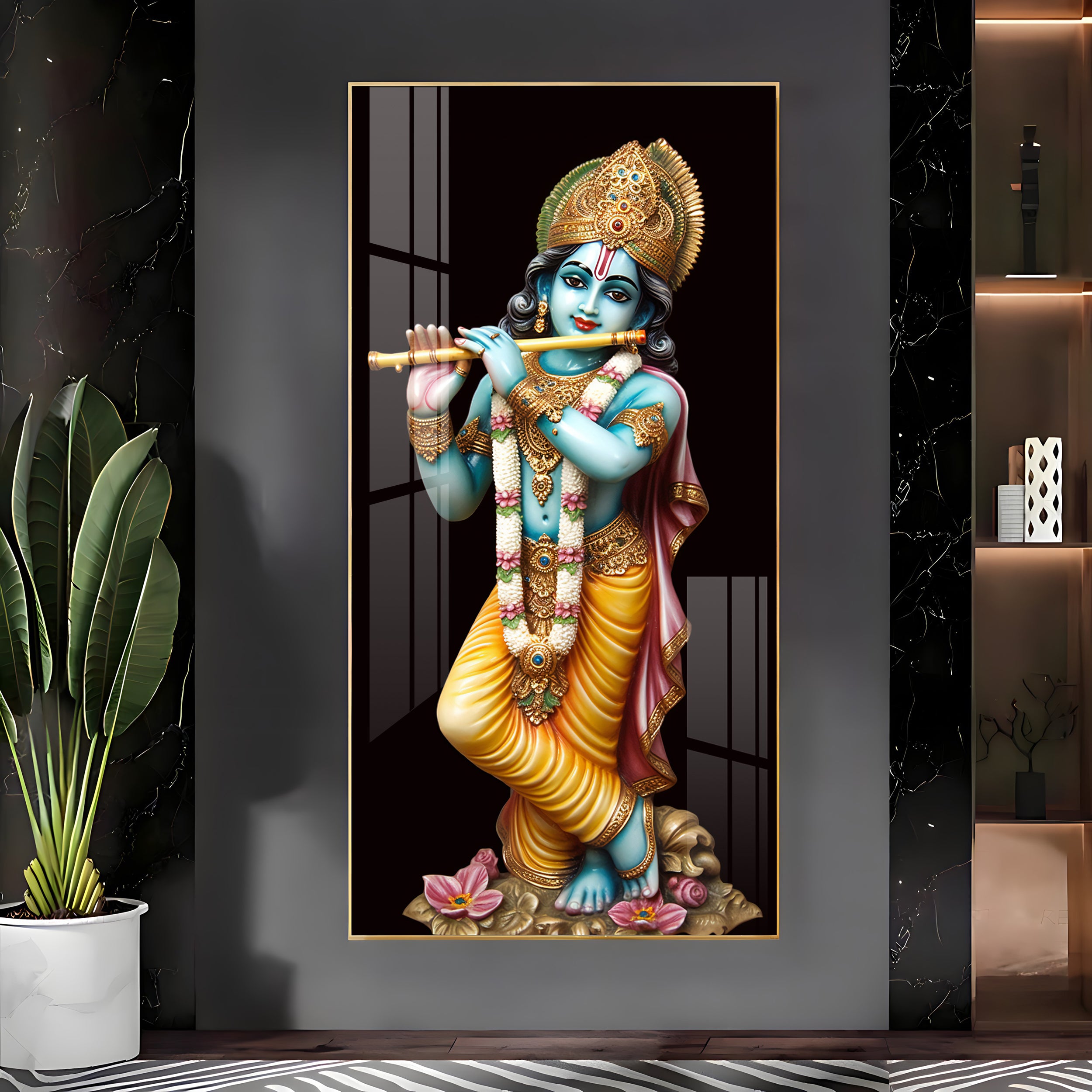 Lord Krishna With Flute Premium Acrylic Vertical Wall Art