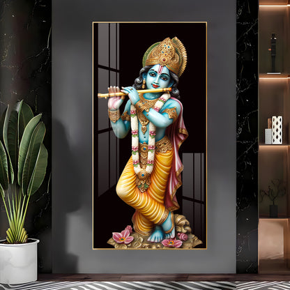 Lord Krishna With Flute Premium Acrylic Vertical Wall Art