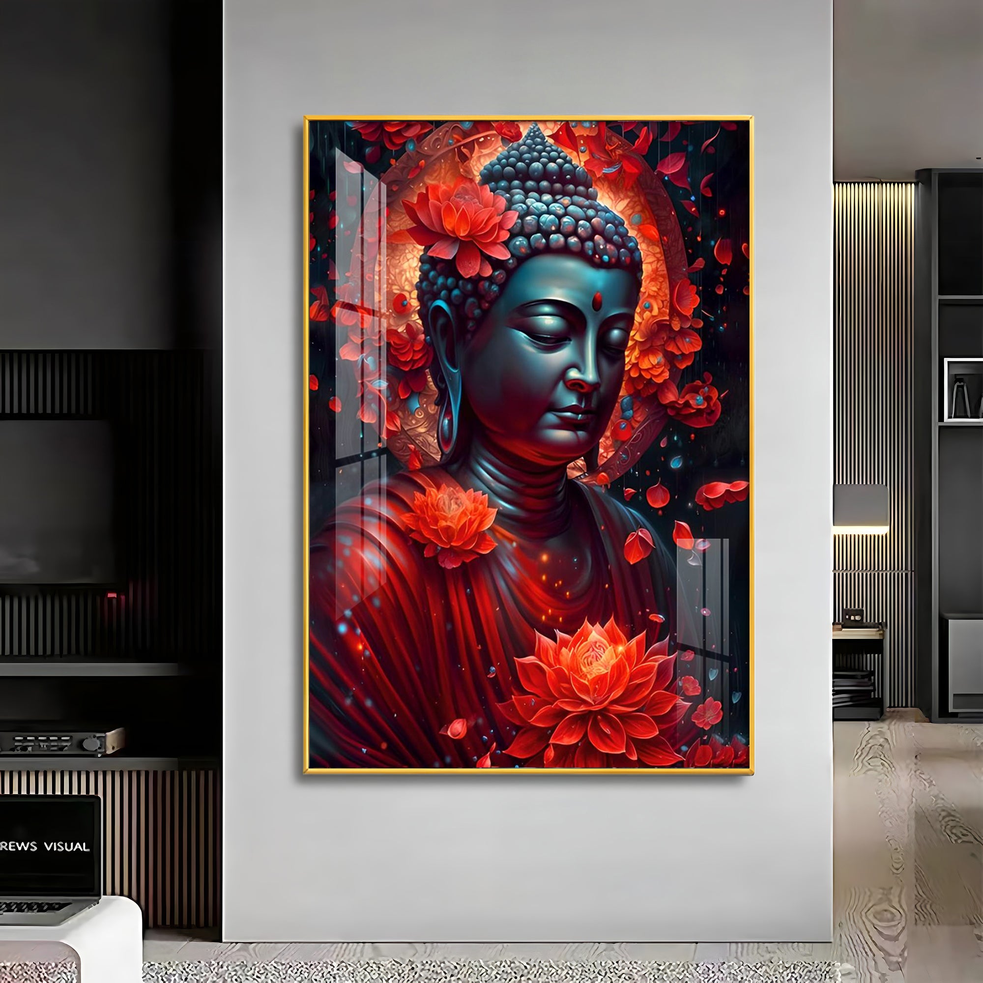 Red Buddha With Lotus Premium Acrylic Vertical Wall Art