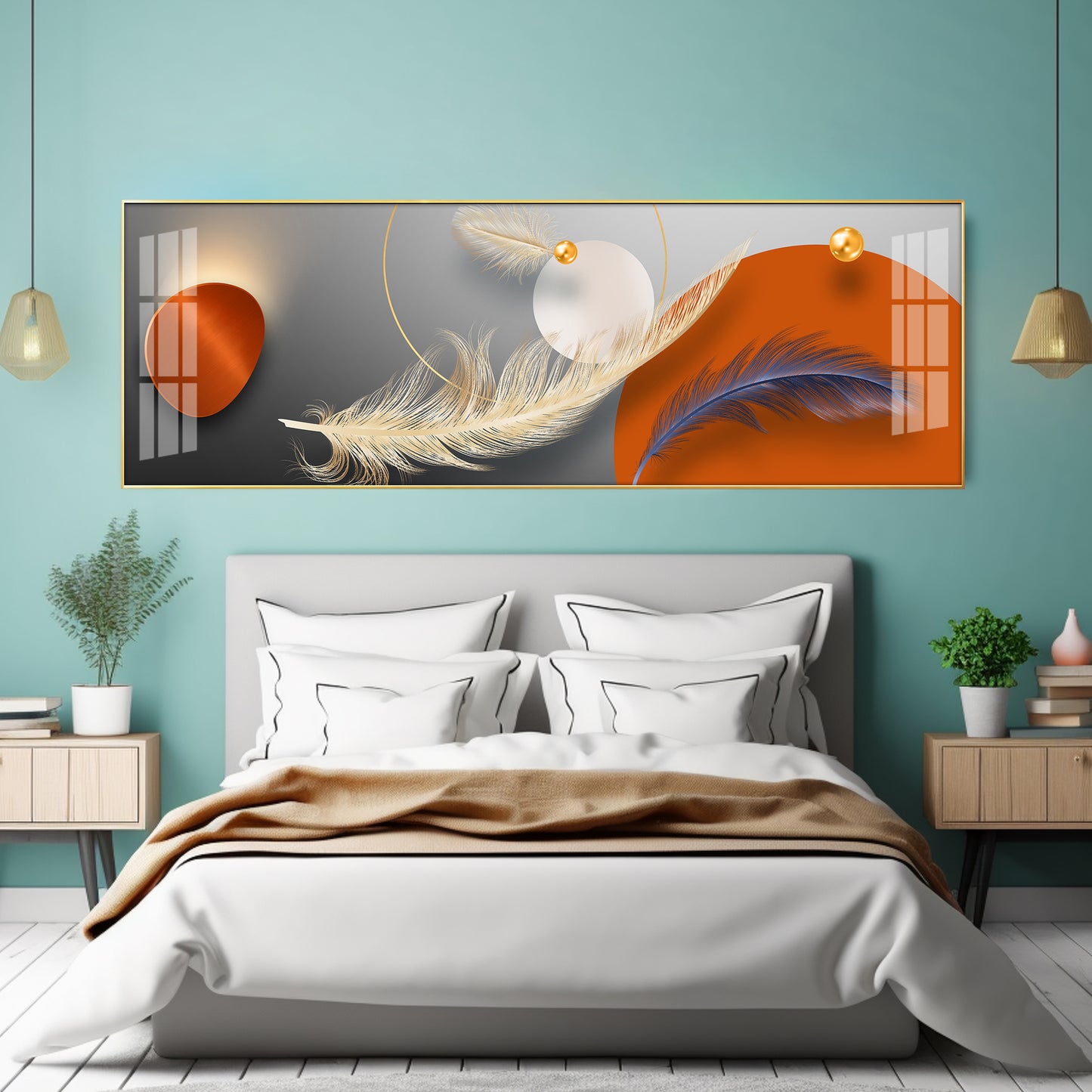 Feathers With Orange Circle Premium Acrylic Horizontal Wall Art