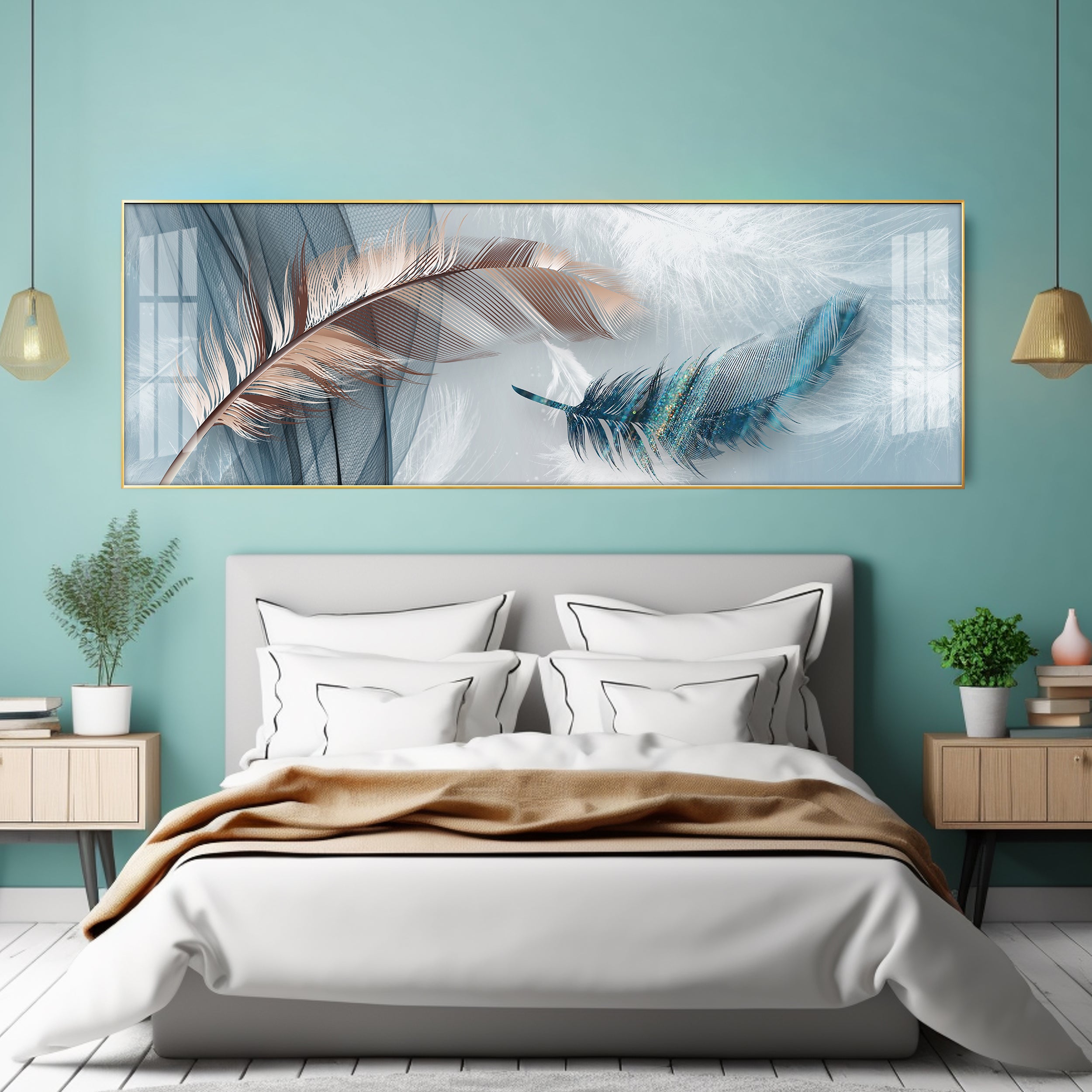 Mesmerising Feathers Luxury Crystal Horizontal Wall Art