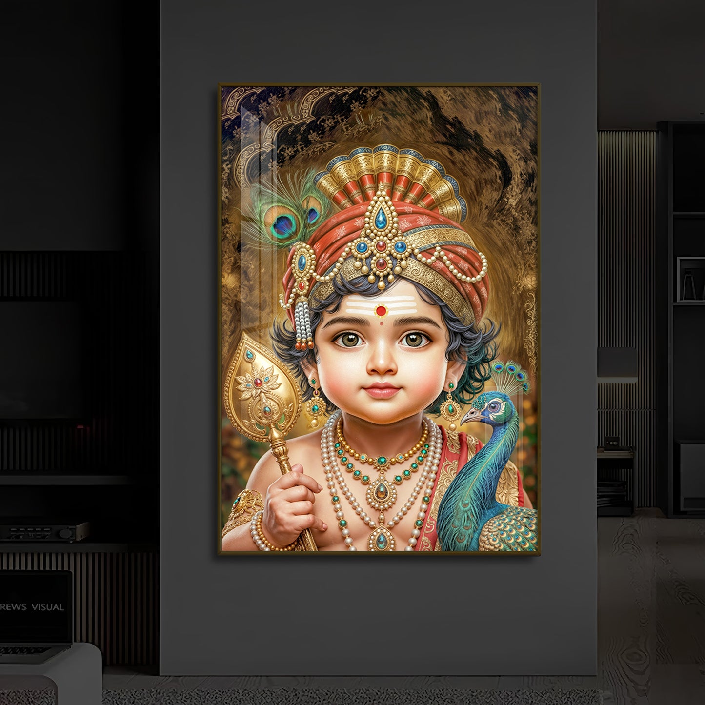 Little Murugan With Peacock Modern Luxury Backlight Vertical Wall Art