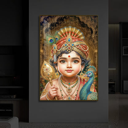Little Murugan With Peacock Modern Luxury Backlight Vertical Wall Art