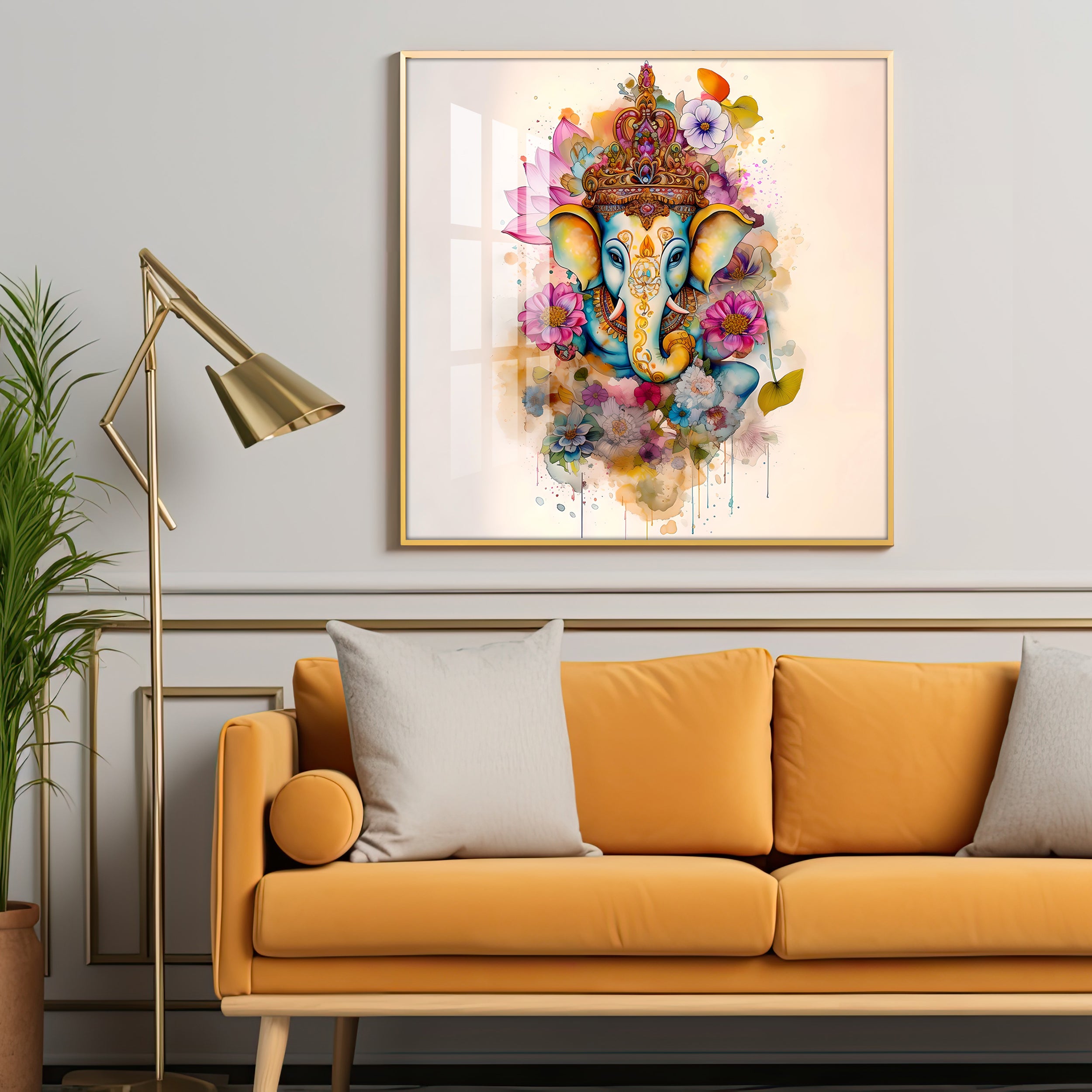 Flowery Ganesh Premium Acrylic Square Wall Art