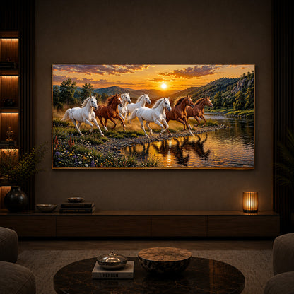 Seven Running Horses With Sunset Splash Modern Luxury Backlight Horizontal Wall Art