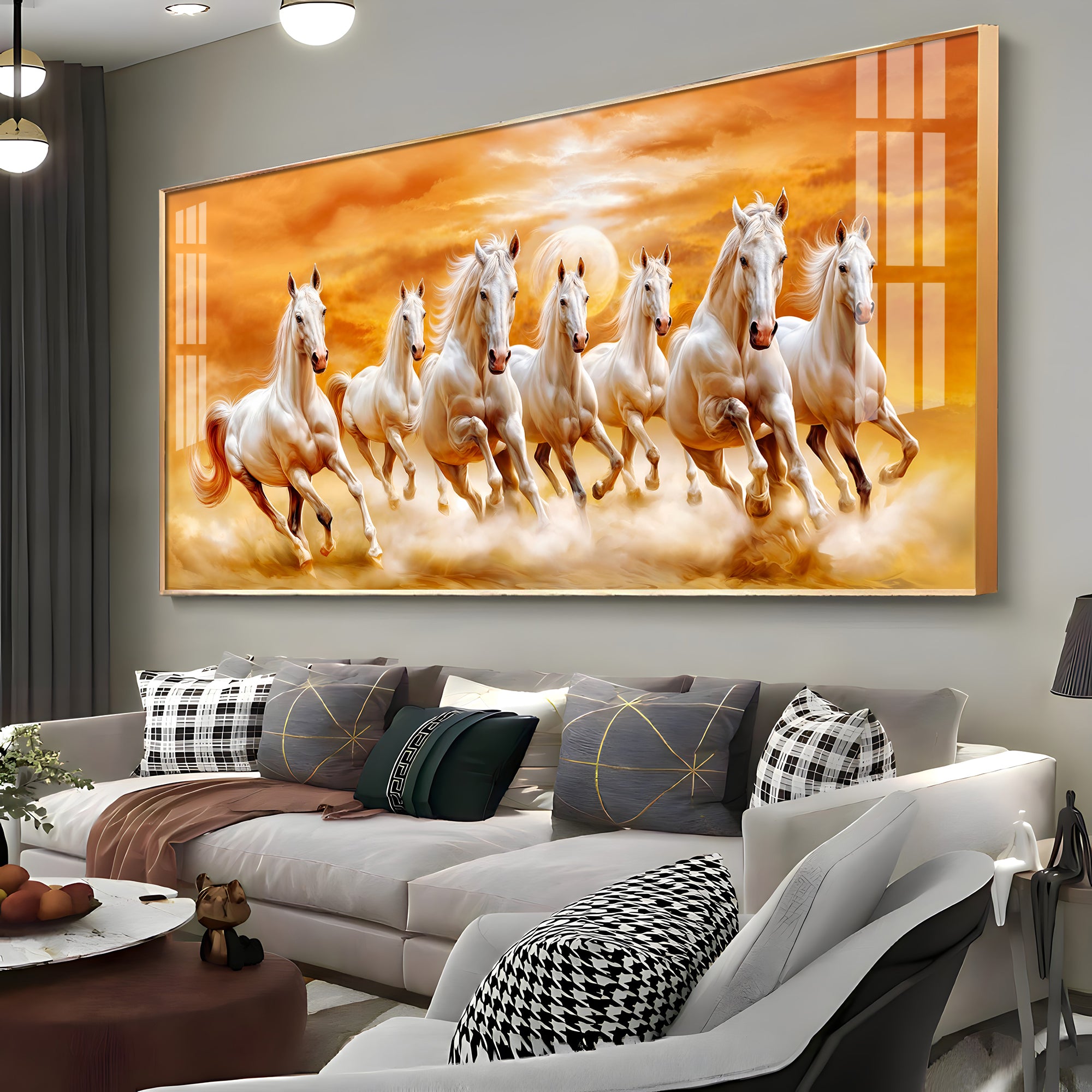 Vastu 7 Running White Horses Premium Acrylic Horizontal Wall Art