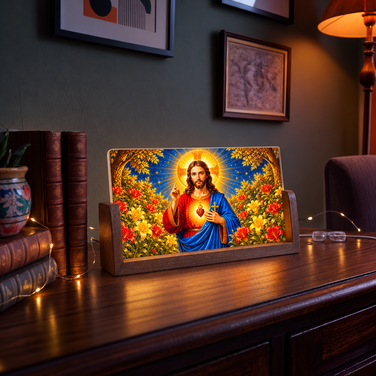 Sacred Jesus Acrylic LED Table Lamp - Wooden Stand