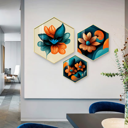 Colorful Flower Premium Acrylic Hexagon Wall Art (Set of 3)