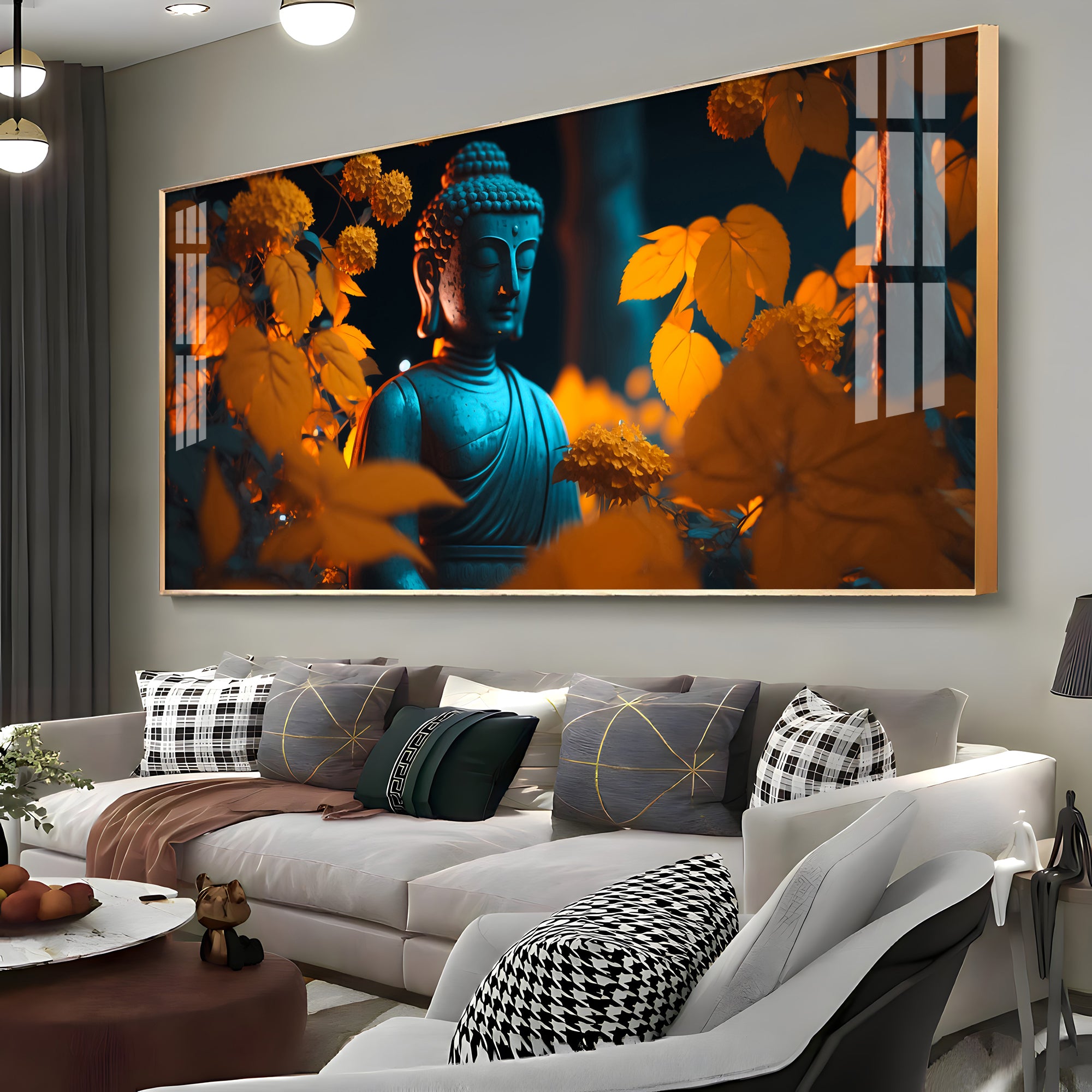 Buddha With Golden Autumn Fall Premium Acrylic Horizontal Wall Art