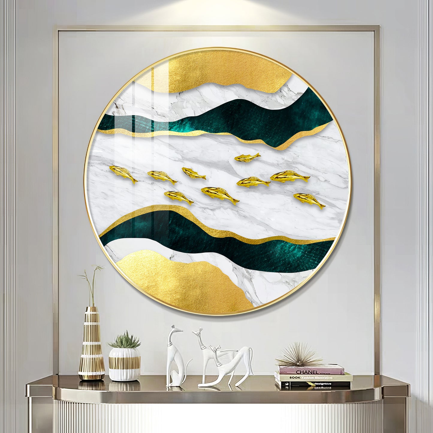 Noir & Gold Fish Premium Acrylic Round Wall Art