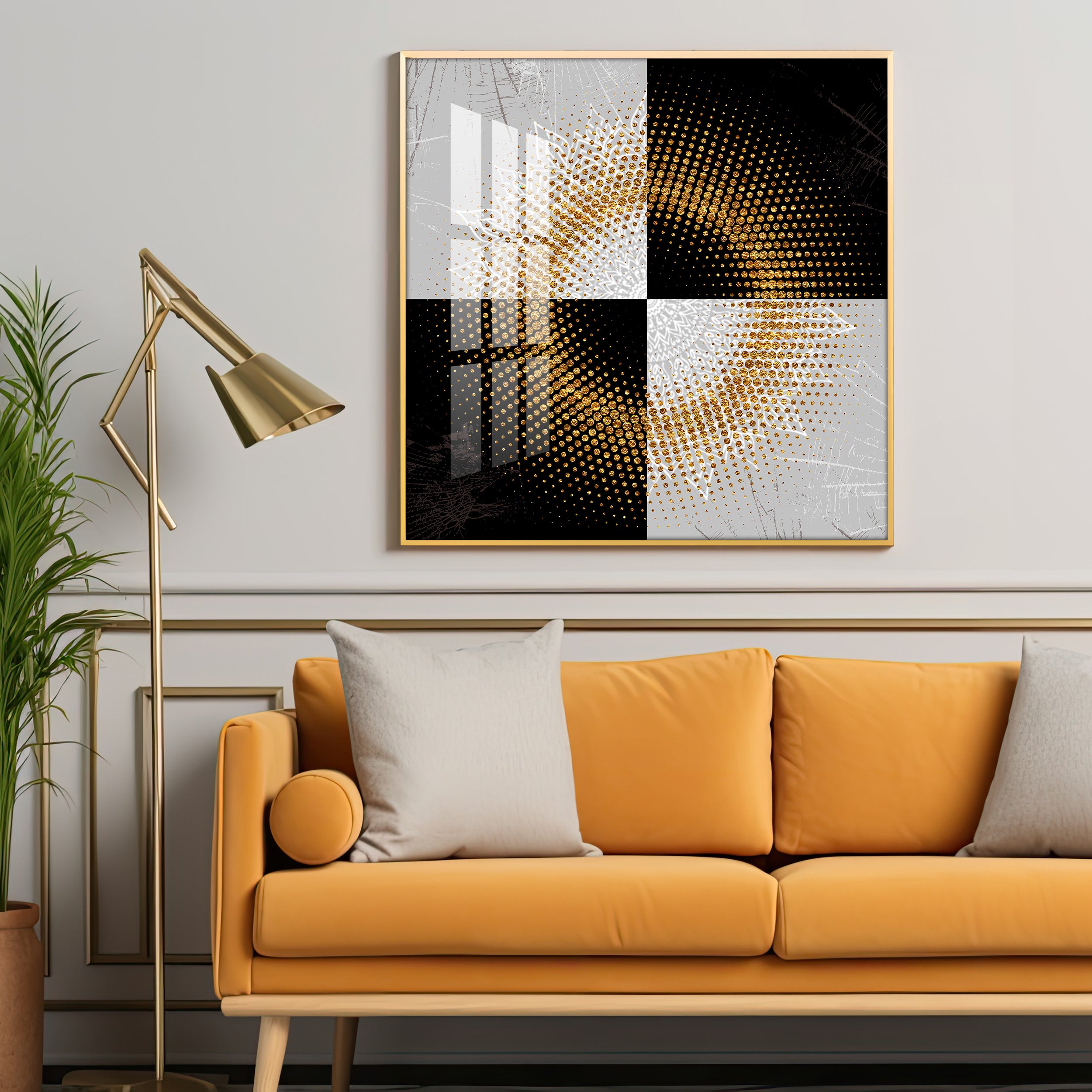 Black & White Square With Golden Ring Premium Acrylic Square Wall Art