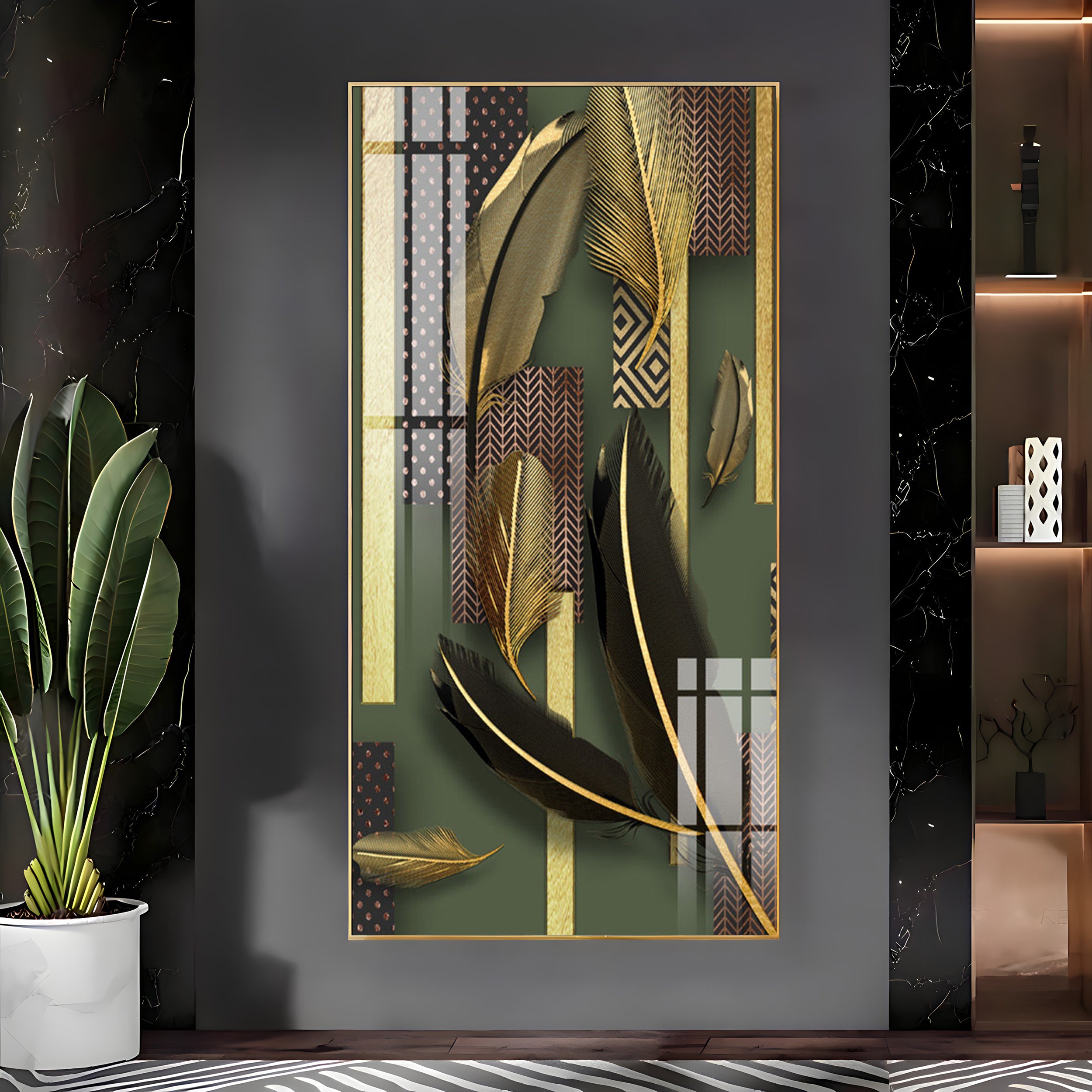 Black & Golden Feathers Premium Acrylic Vertical Wall Art