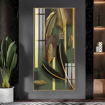 Black & Golden Feathers Premium Acrylic Vertical Wall Art