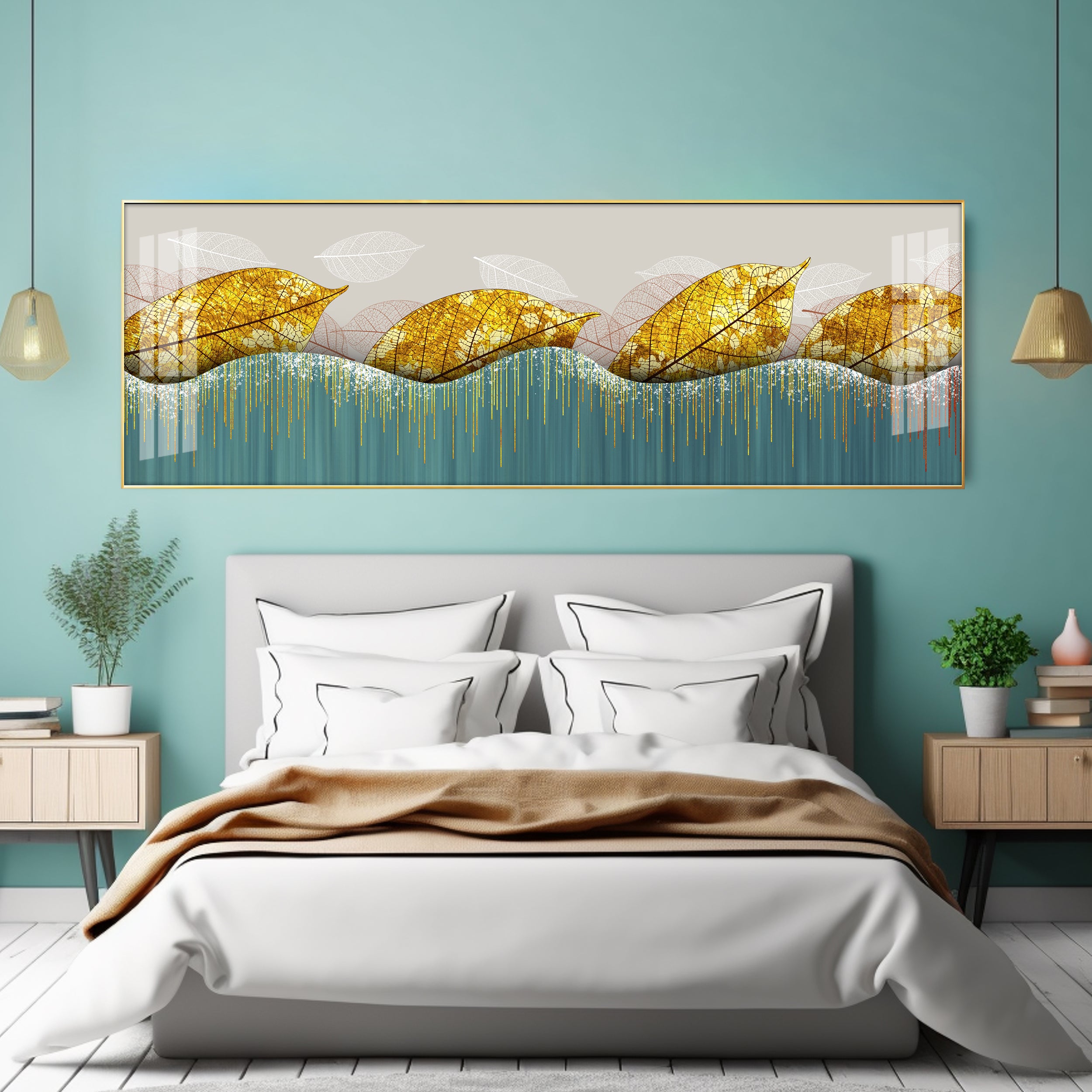 Lush Golden Leaves Luxury Crystal Horizontal Wall Art