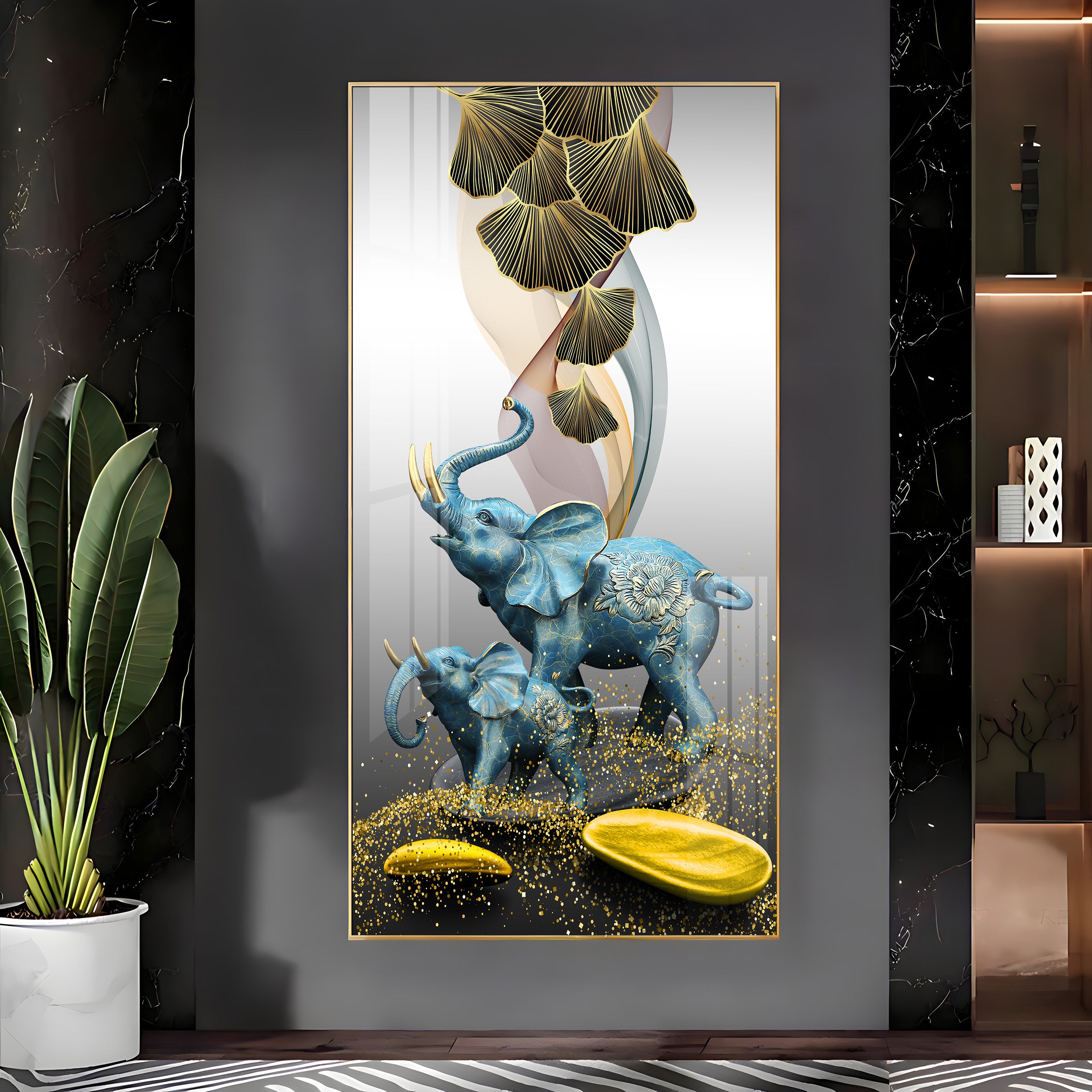 Blue Elephant With Golden Tusk Premium Acrylic Vertical Wall Art