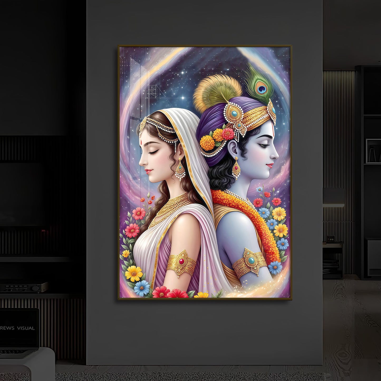 Lord Sri Radhe Krishna Modern Luxury Backlight Vertical Wall Art
