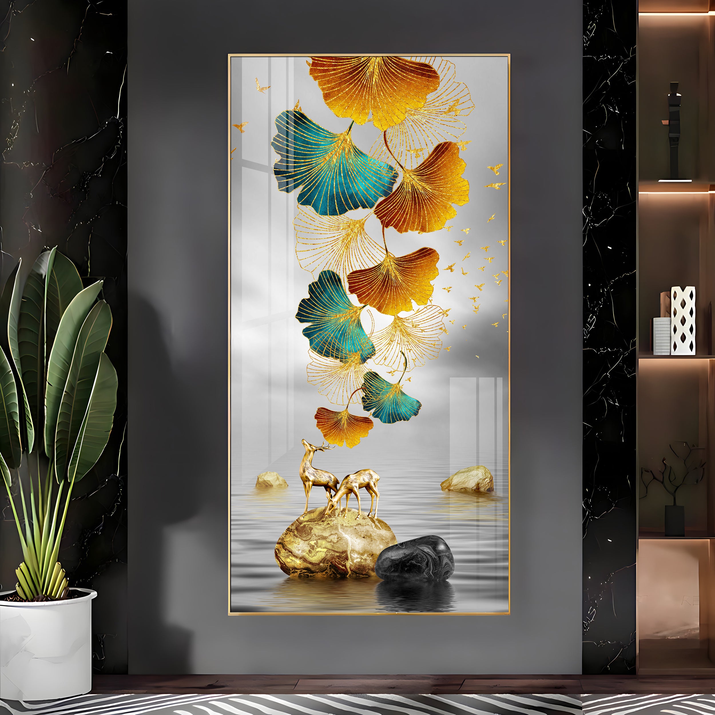 Golden Elk Leaves With Deer Luxury Crystal Vertical Wall Art