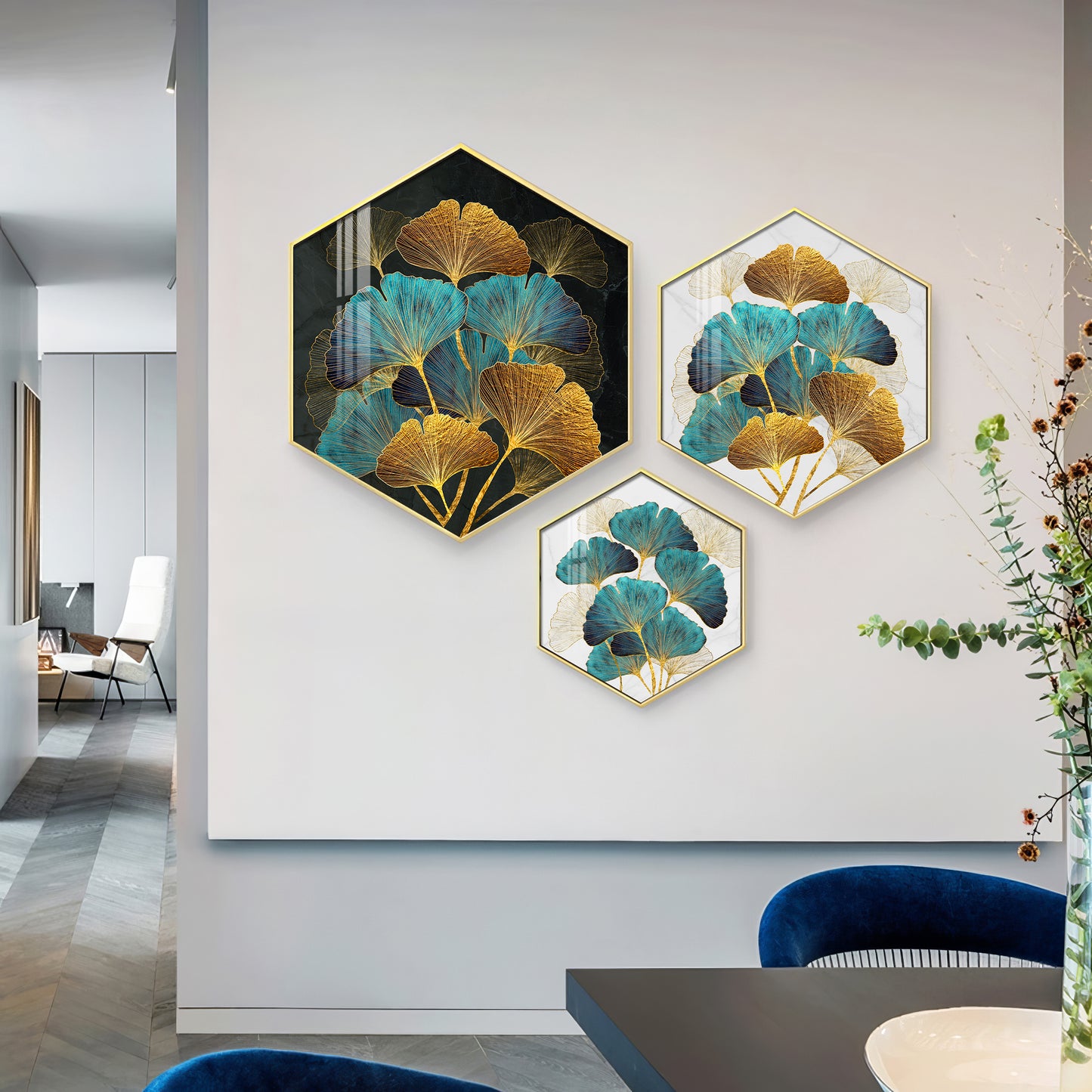 Ginko Leaf Premium Acrylic Hexagon Wall Art (Set of 3)