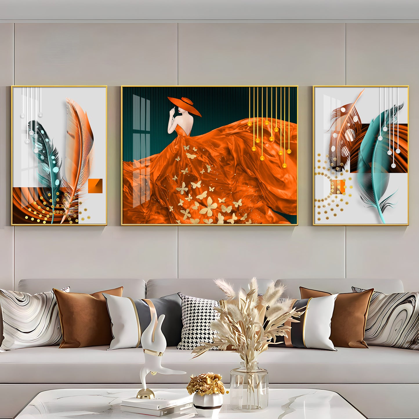 Women In Beautiful Orange Outfit Premium Acrylic Wall Art (Set of 3)