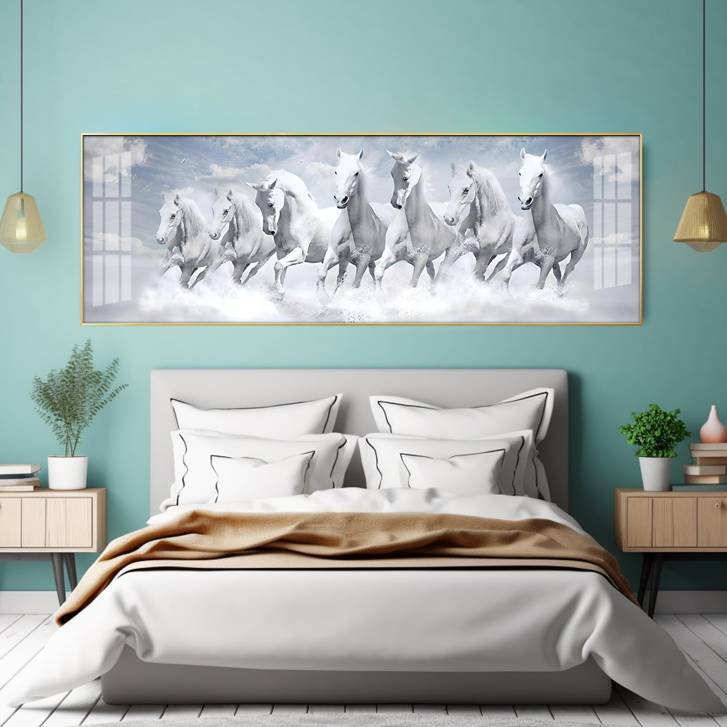 Seven Lucky Running White Horses Premium Acrylic Horizontal Wall Art