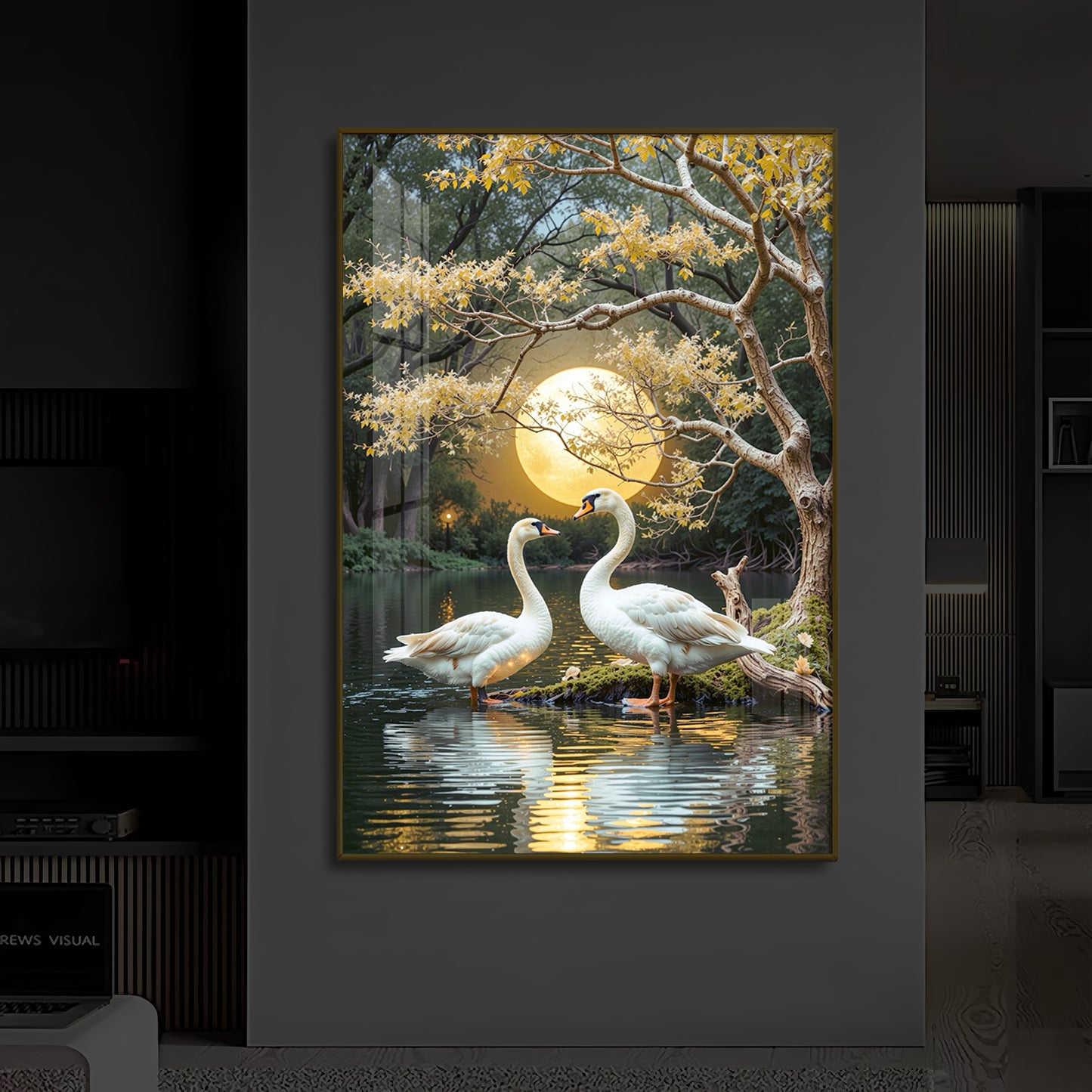Couple Swan Modern Luxury Backlight Vertical Wall Art