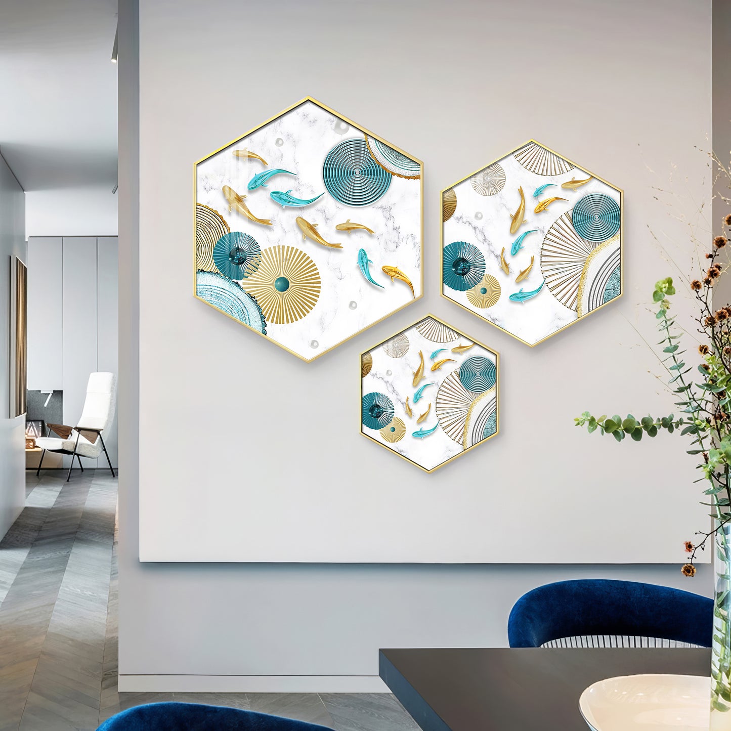 Koi Fish In Blue & Gold Premium Acrylic Hexagon Wall Art (Set of 3)