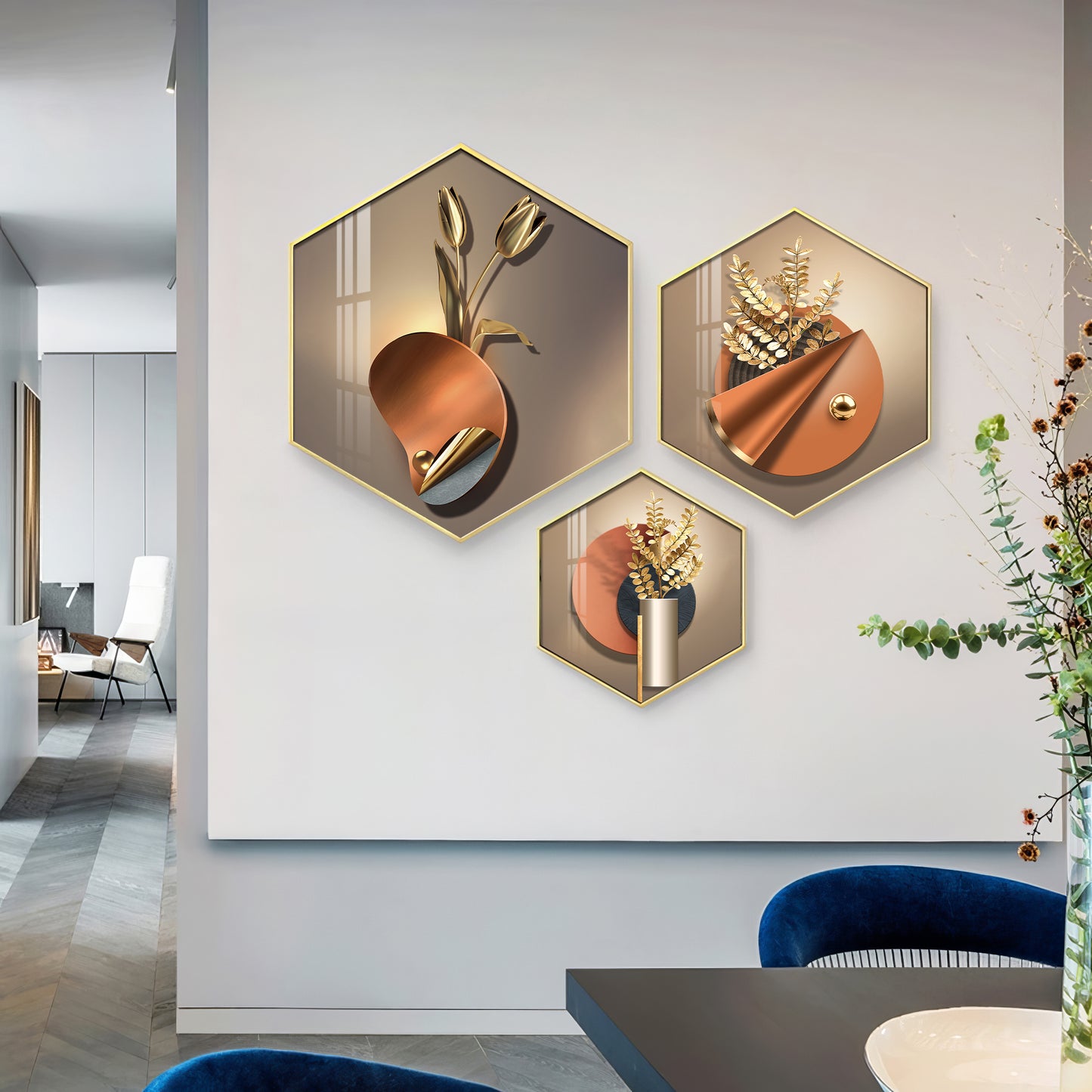 3D Petal Abstract Premium Acrylic Hexagon Wall Art (Set of 3)