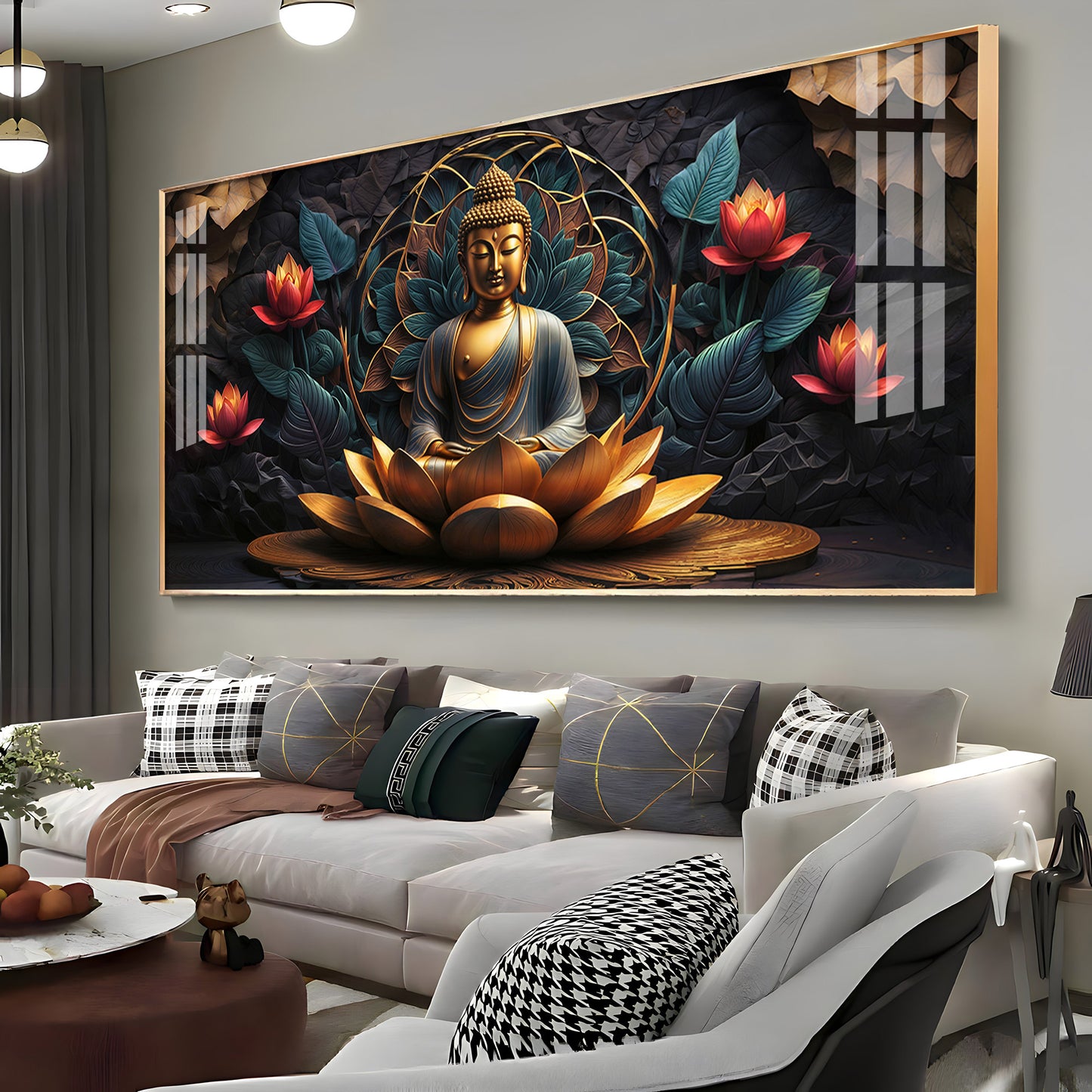 Buddha's Reflection With Sacred Lotus Premium Acrylic Horizontal Wall Art