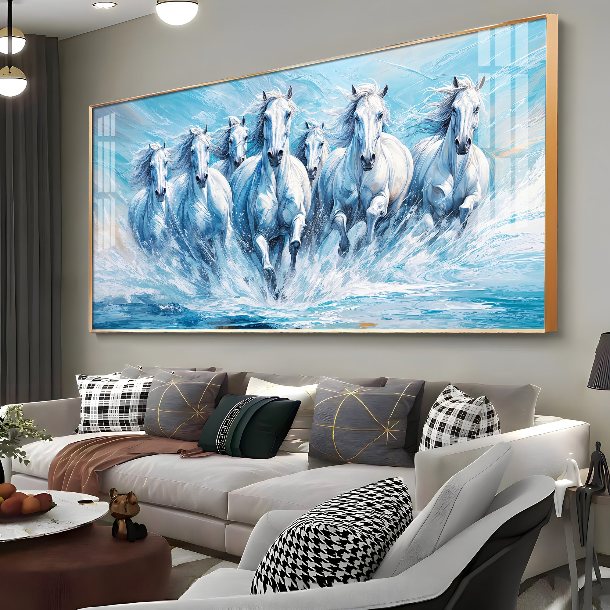 Running Horses in River Premium Acrylic Horizontal Wall Art