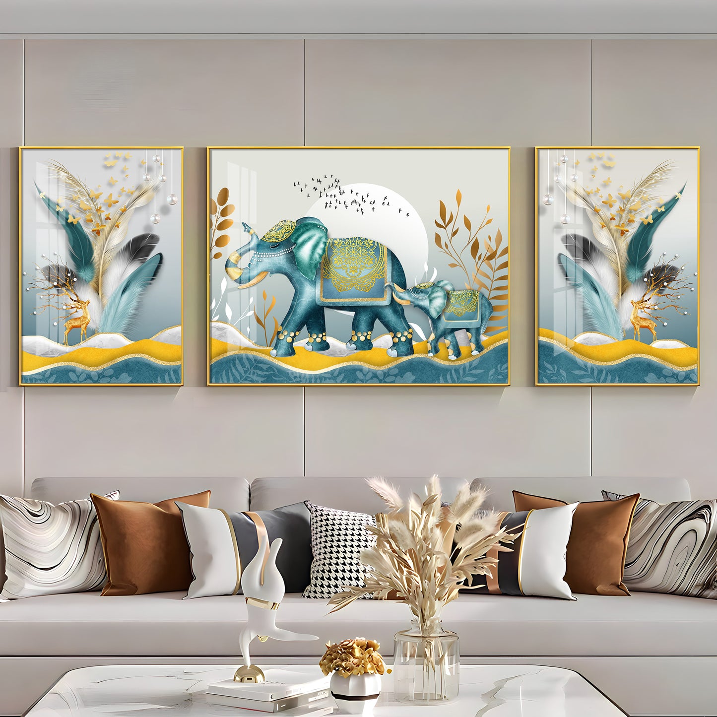 Elephants and Deers Premium Acrylic Wall Art (Set of 3)