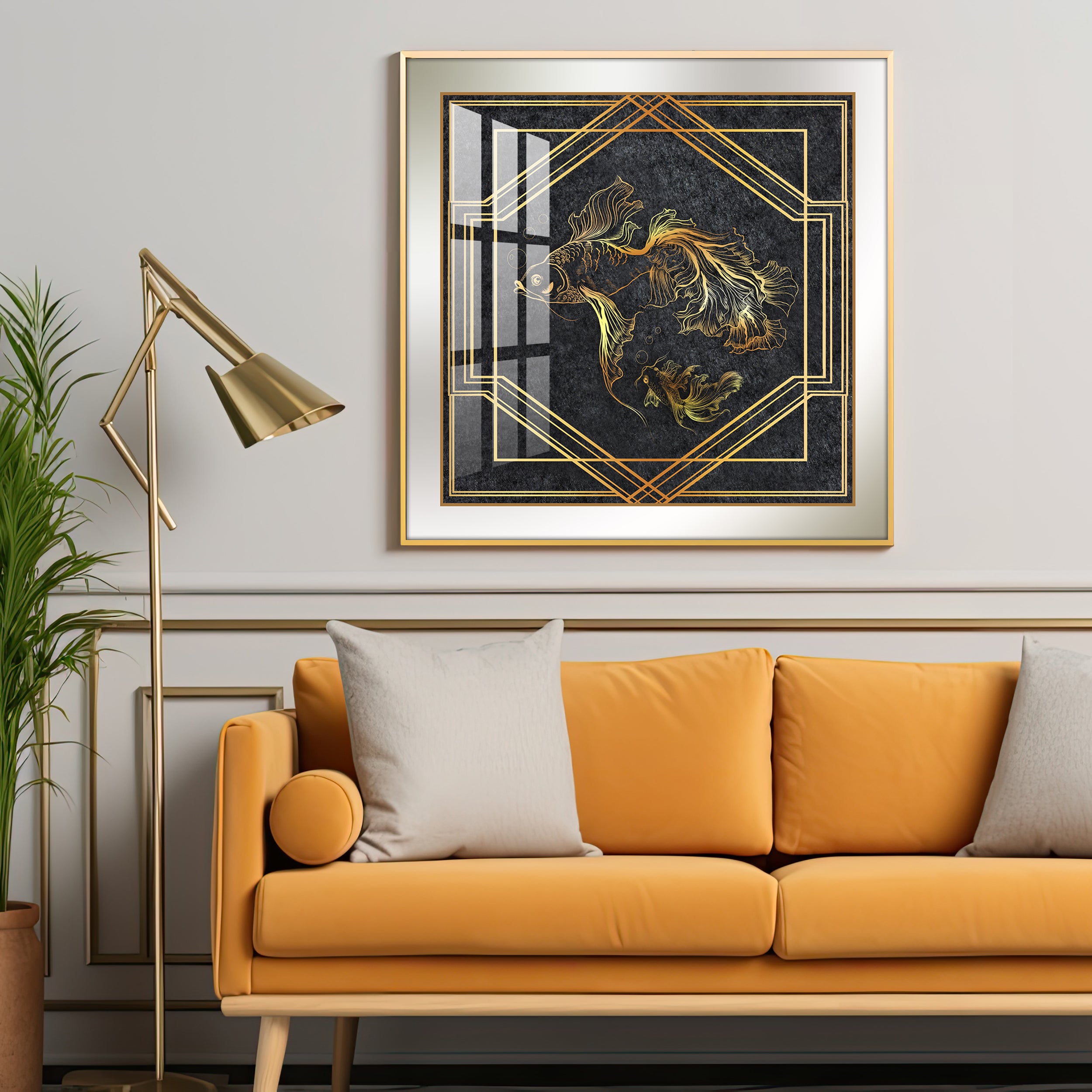 Modern Fashionable Gold Foil Goldfish Premium Acrylic Square Wall Art