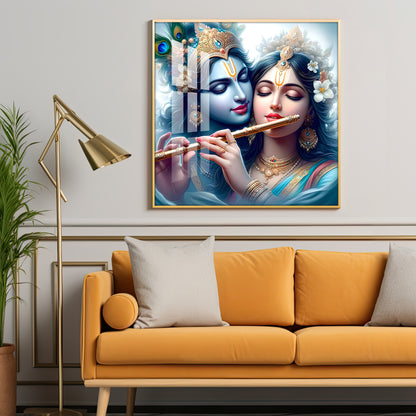 Radha Krishna With Flute Premium Acrylic Square Wall Art