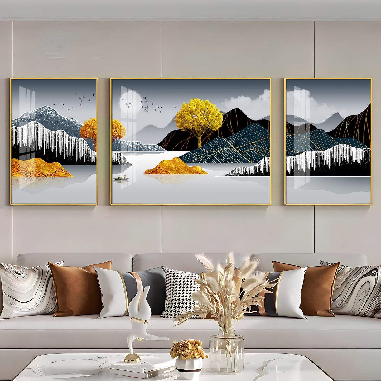 Mountains With Golden Tree Premium Acrylic Wall Art (Set of 3)