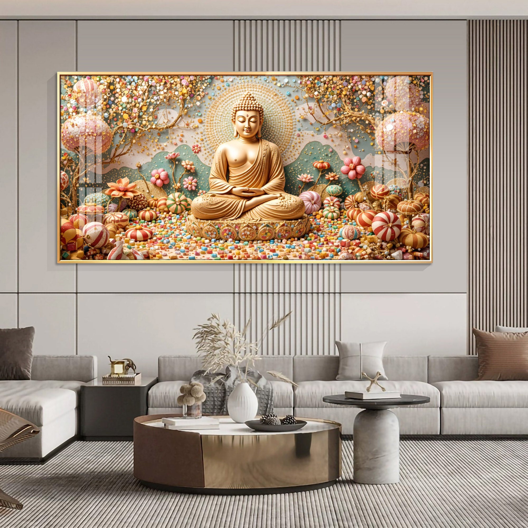 Golden Tranquility Of Buddha Premium Acrylic Horizontal Wall Art