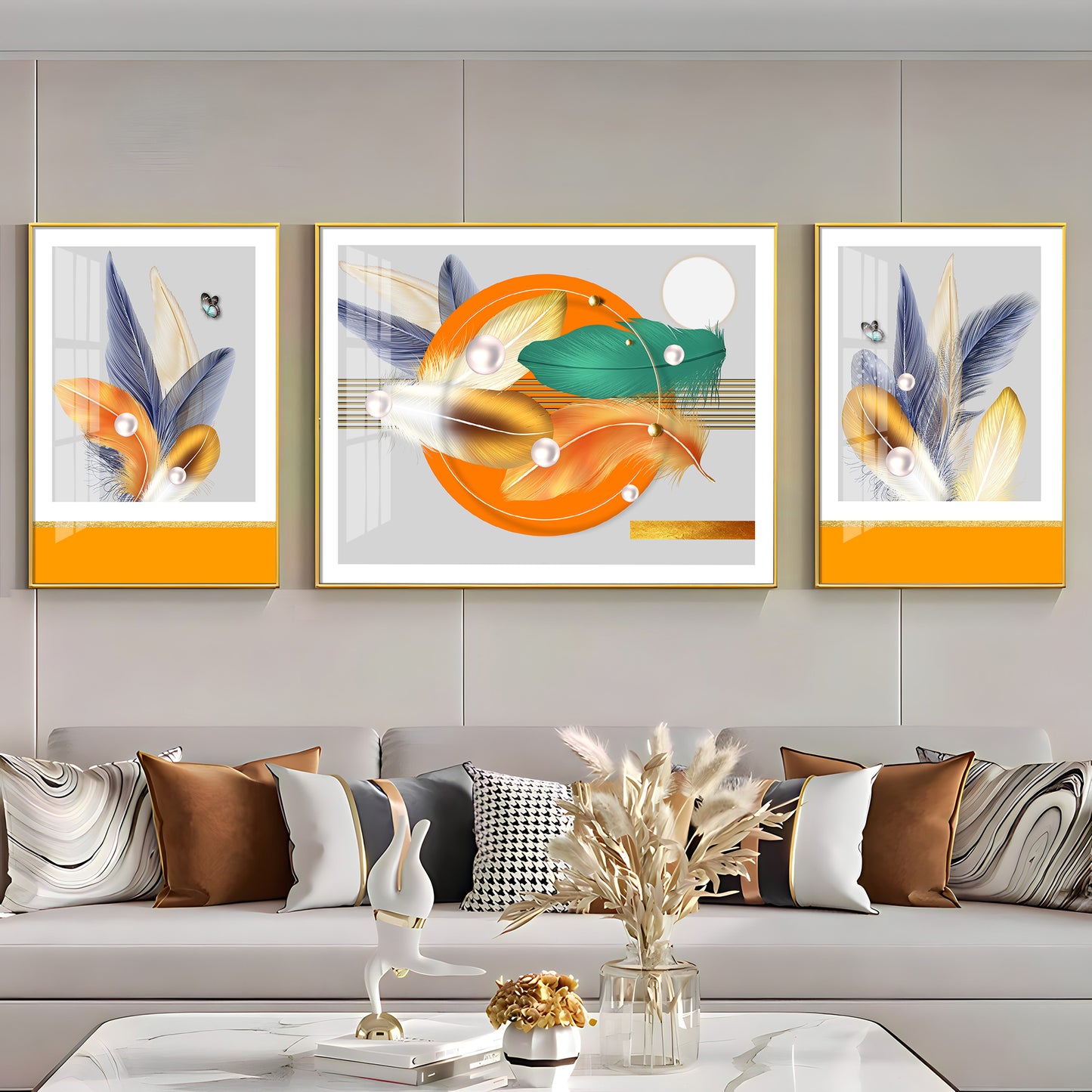 Colourful Feathers Premium Acrylic Wall Art (Set of 3)