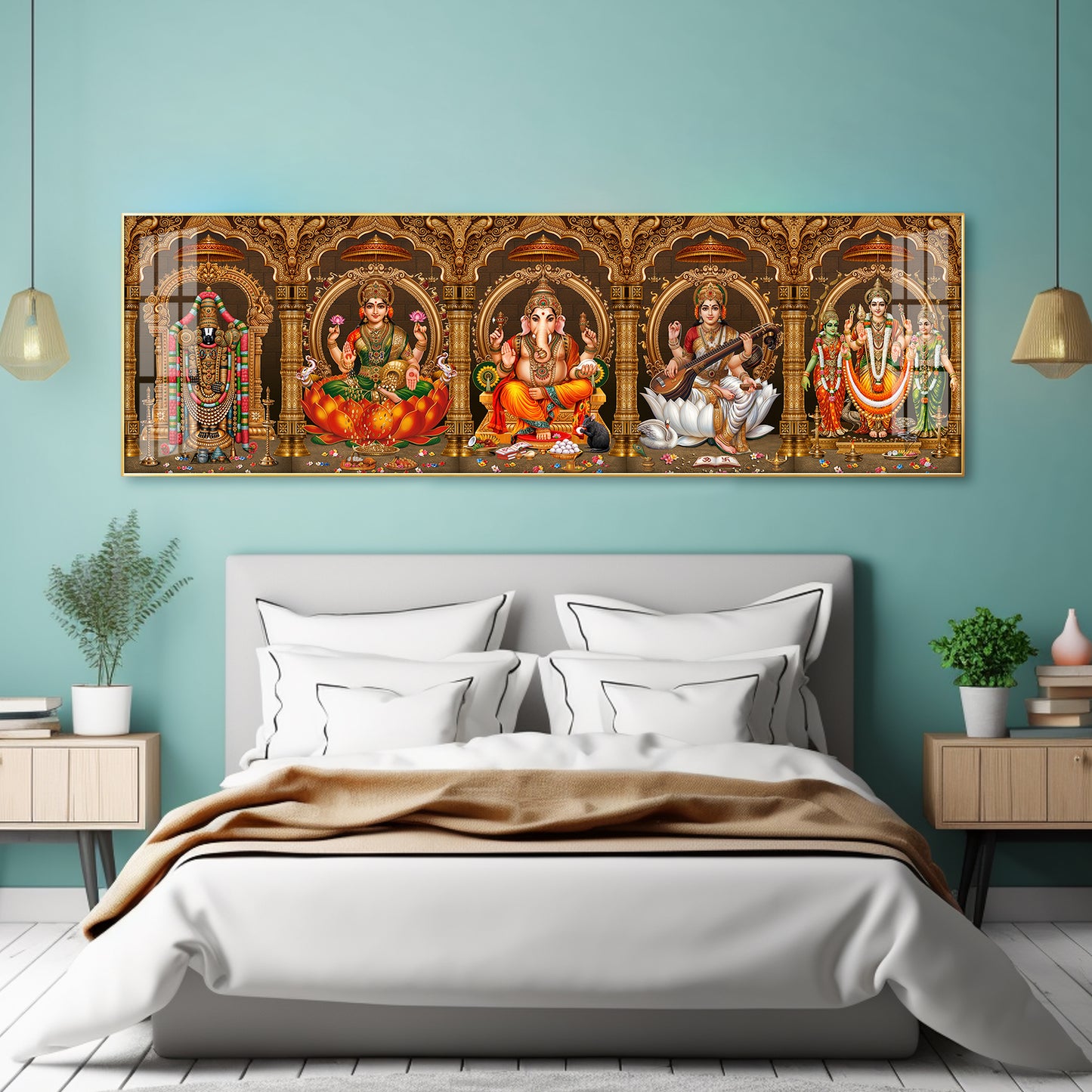Divine Perumal, Lakshmi, Ganesha, Saraswati & Murugan Premium Acrylic Horizontal Wall Art