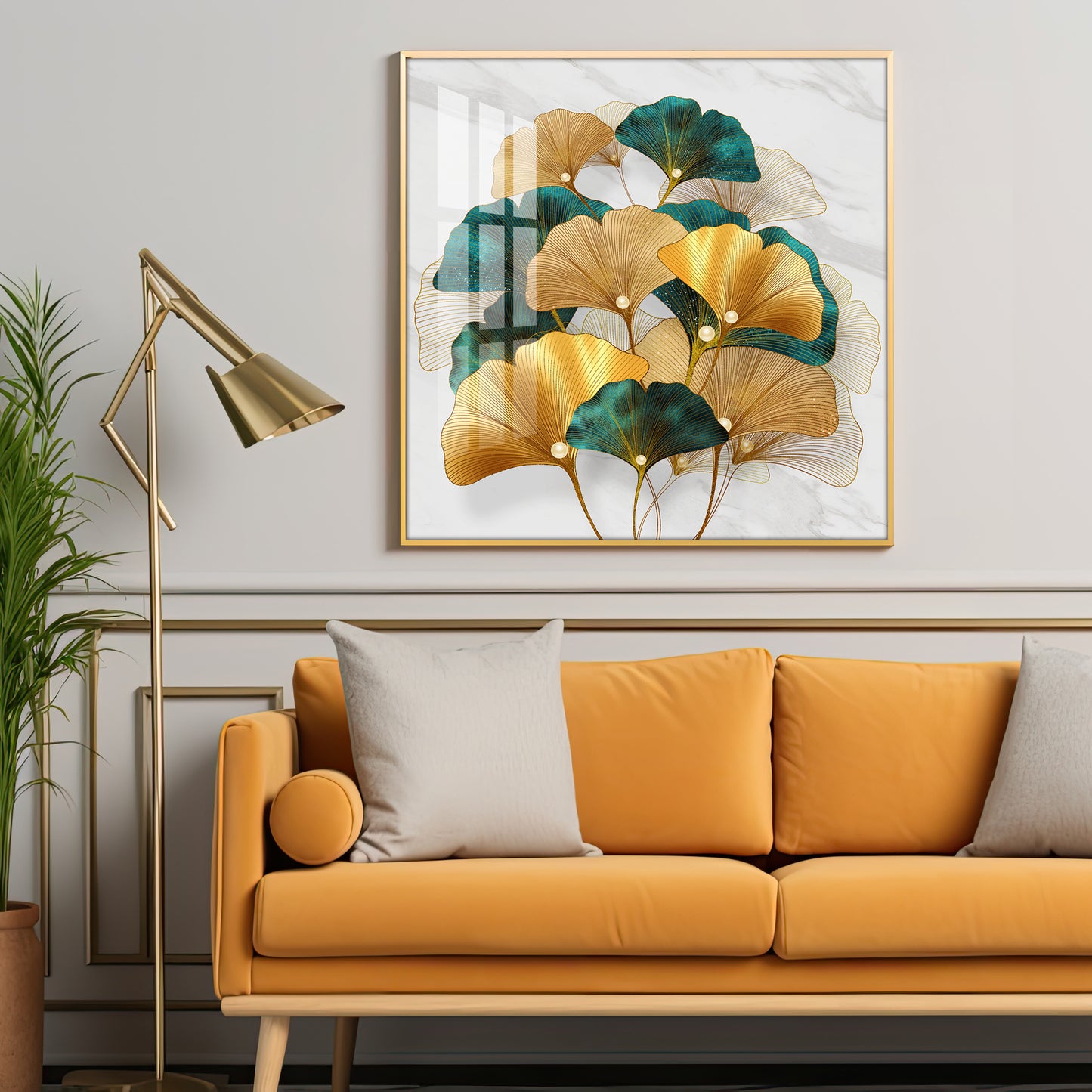 Golden Ginkgo Biloba Luxury Crystal Square Wall Art