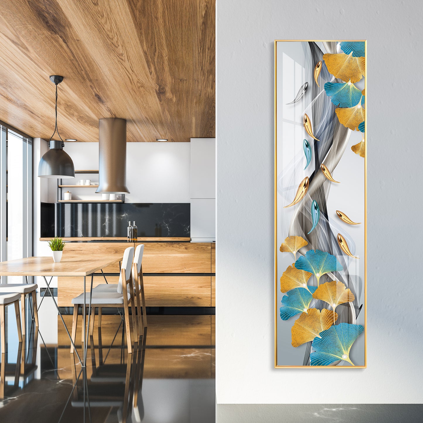 Blue & Golden Leaves With Fishes Premium Acrylic Vertical Wall Art