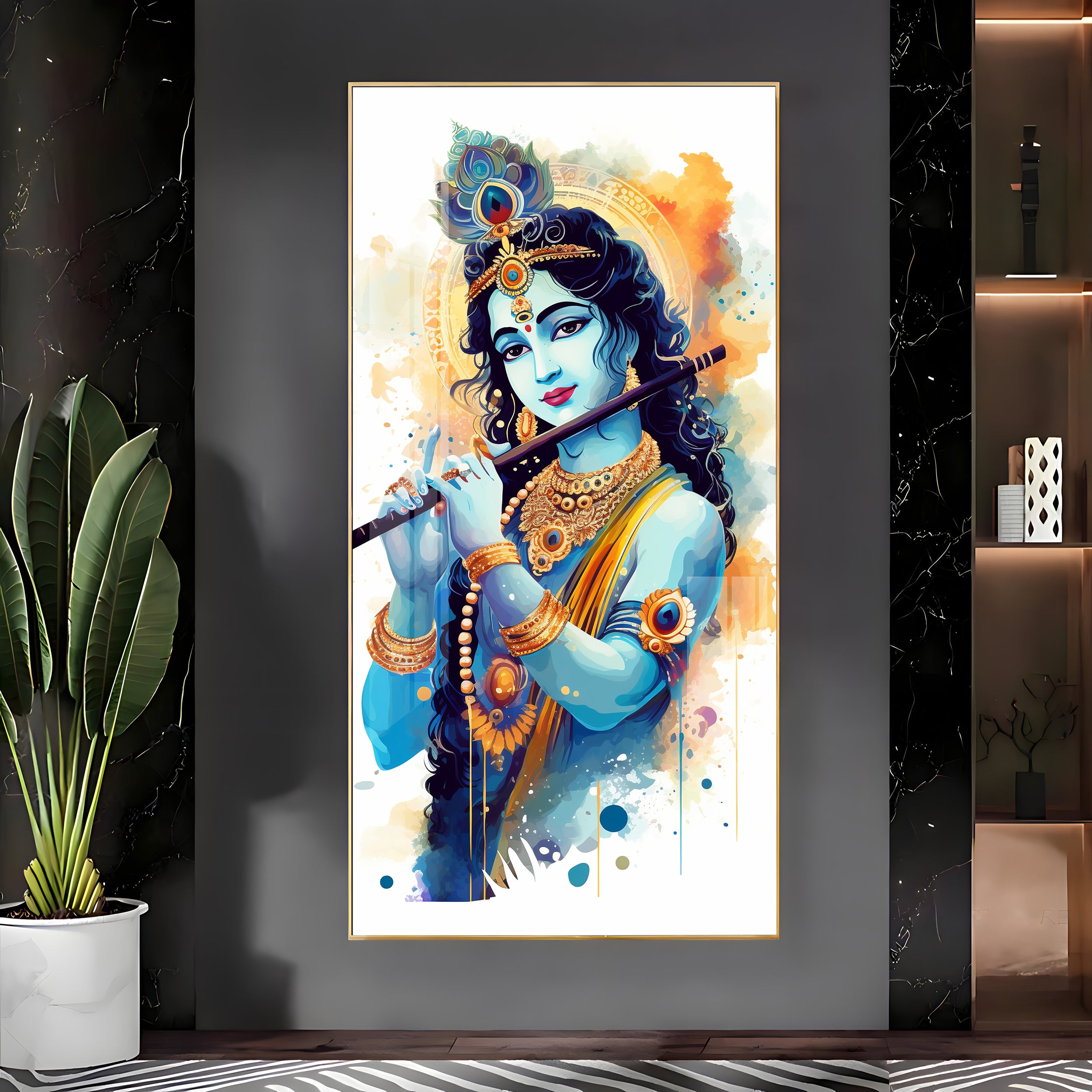 Shree Krishna With Flute Premium Acrylic Vertical Wall Art