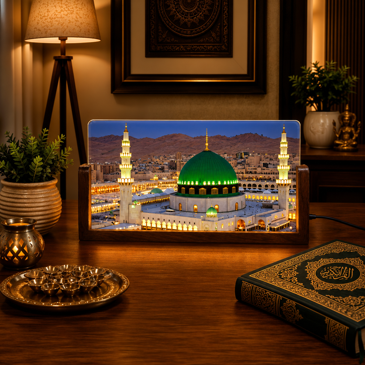 Sacred Madina Sharif Acrylic LED Table Lamp - Wooden Stand